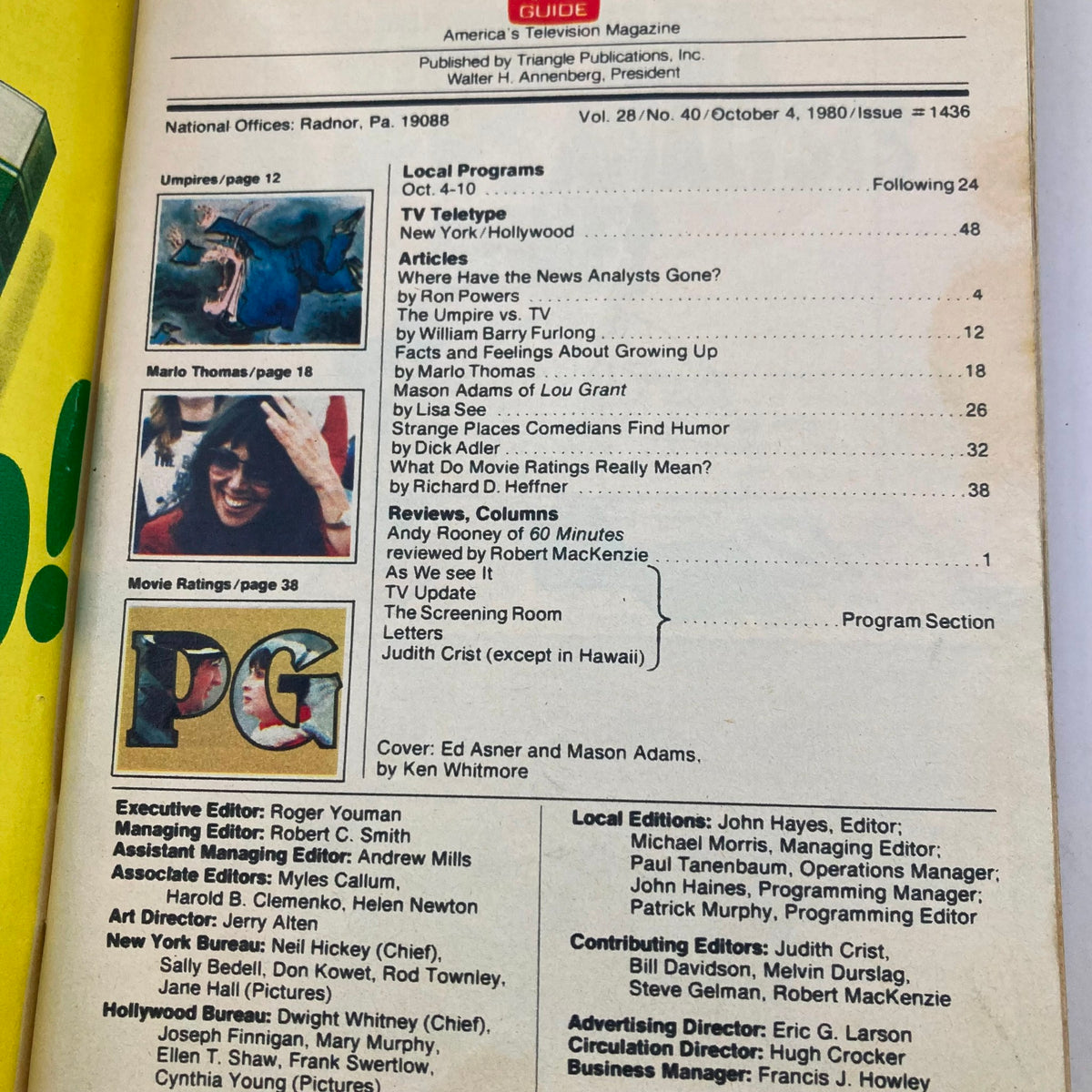 Table of contents page from TV Guide Magazine October 4, 1980, including articles and features alongside Ed Asner and Mason Adams' cover.