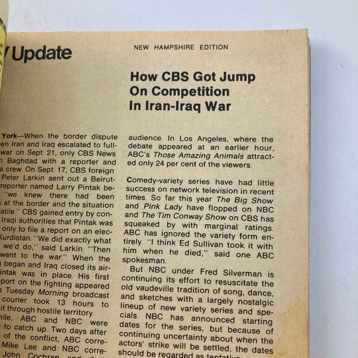 News Update section of TV Guide Magazine from October 4, 1980 discussing the Iran-Iraq war and its coverage by CBS.