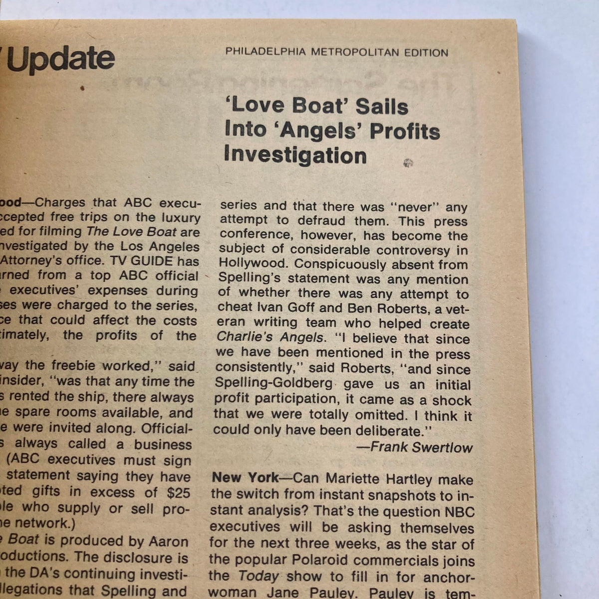 Another inside page of TV Guide Magazine June 14 1980, featuring a news update about 'Love Boat' and its investigation into 'Angels' profits.