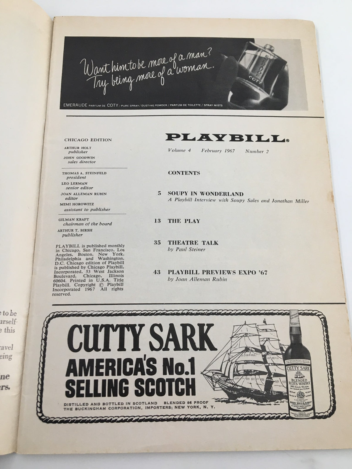 Inside page of the 1967 Playbill from Shubert Theatre, containing contents and highlights including interviews and features.