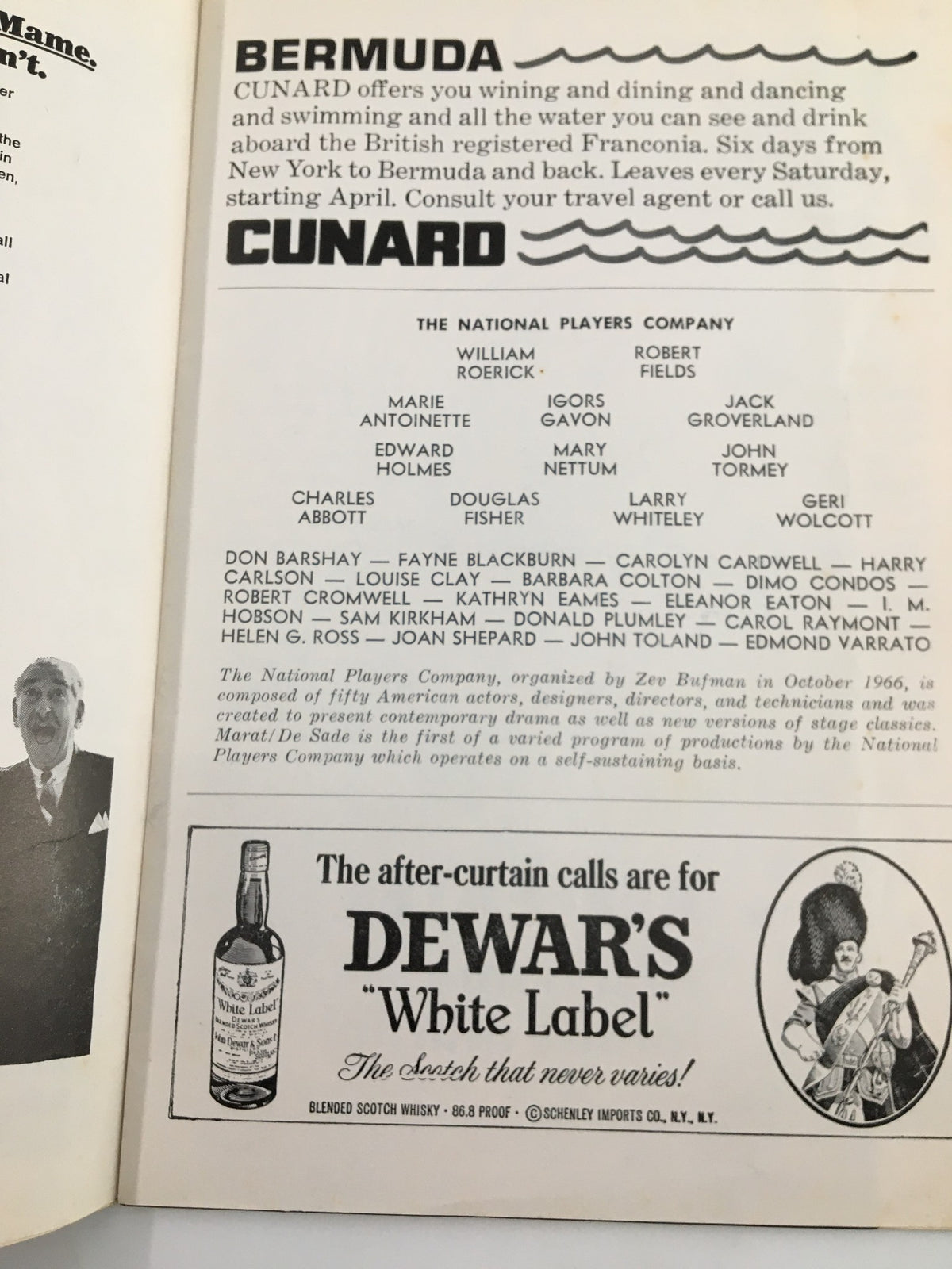 Advertisement page from the 1967 Playbill for the Shubert Theatre, showcasing the cast of 'Marat de Sade' including William Roderick and Robert Fields.