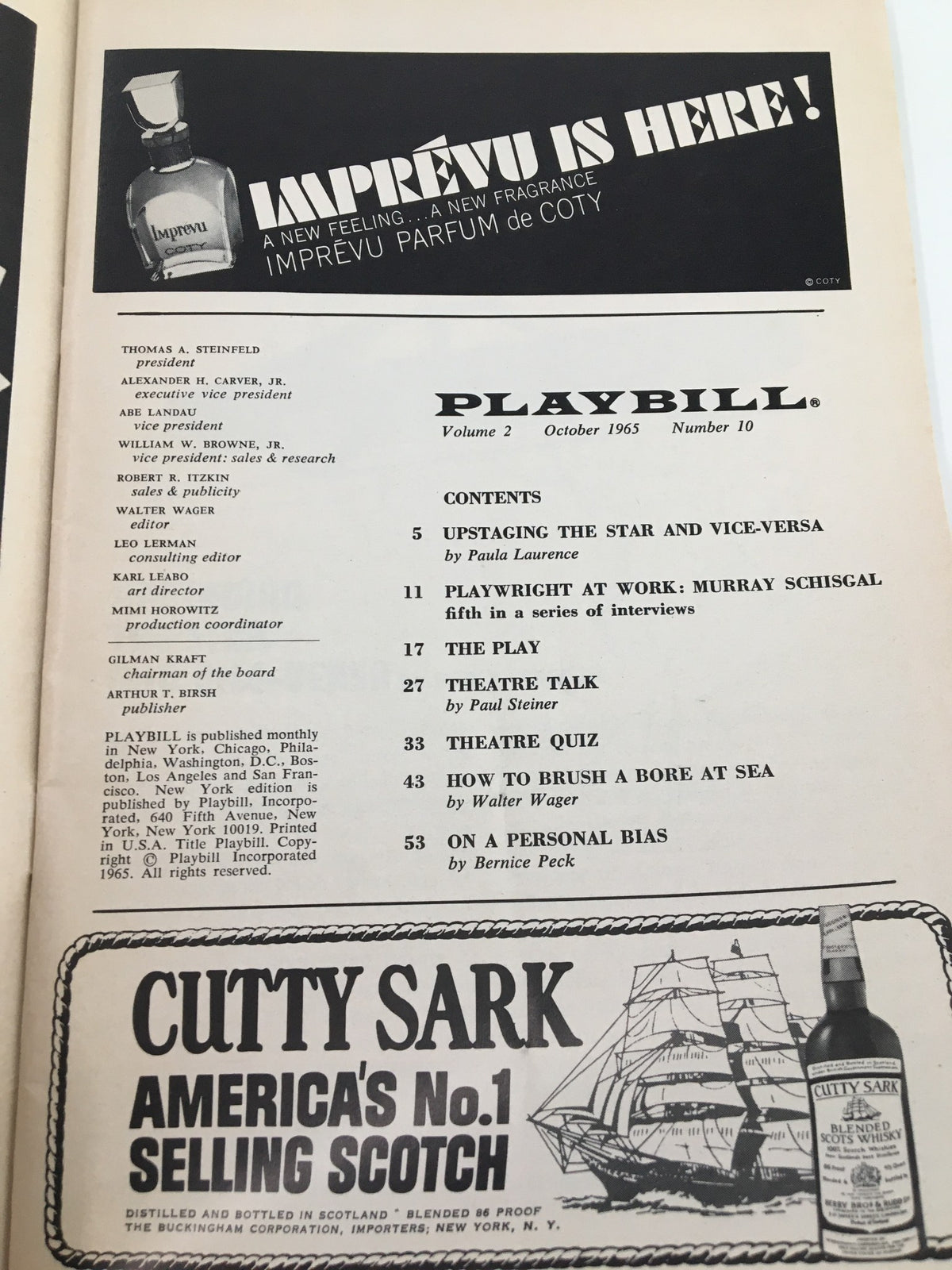 Inside page of the 1965 Playbill for The Right Honourable, featuring contents and a vintage advertisement for a fragrance.