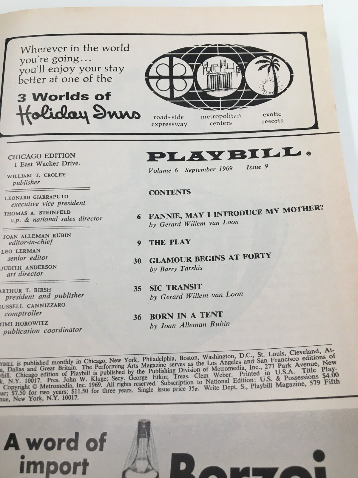 Interior page of the 1969 Playbill from Studebaker Theater, listing performances and features, including Fannie, May I Introduce My Mother? and other productions.