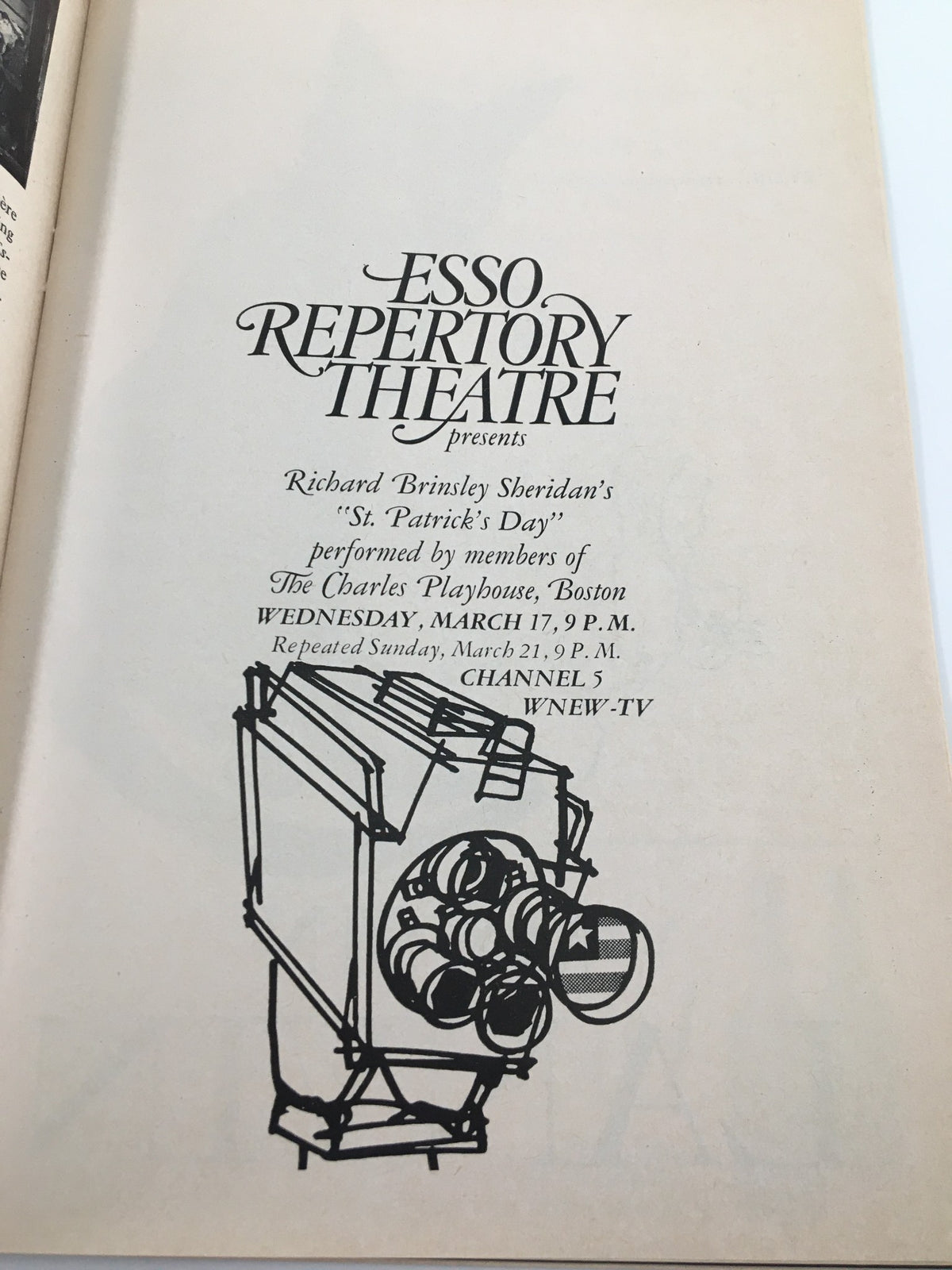 Interior page from the 1965 Playbill of the Repertory Theater of Lincoln Center featuring a performance of Richard Brinsley Sheridan's 'St. Patrick's Day' hosted by Esso Repertory Theatre, showcasing the program details and vintage artistic design.