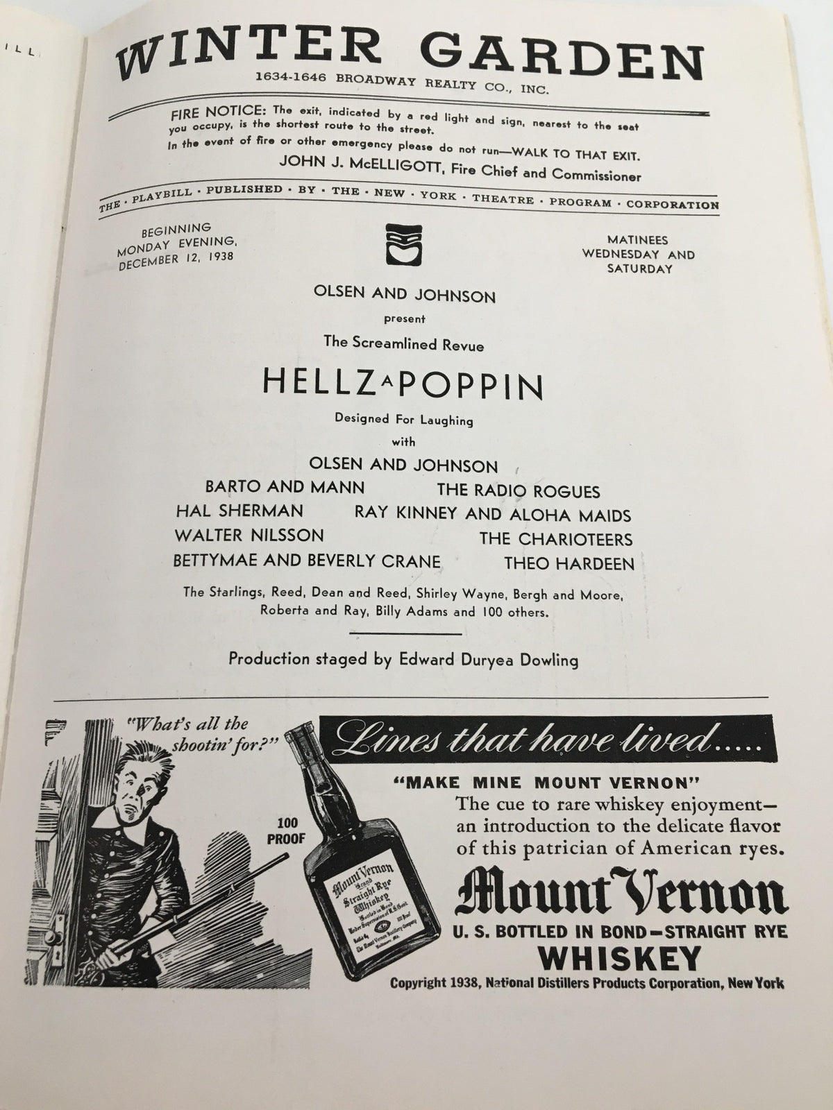 Interior page of 1938 Playbill for Hellz A Poppin at Winter Garden Theatre, detailing performers and advertisements, highlighting the classic theatrical experience.