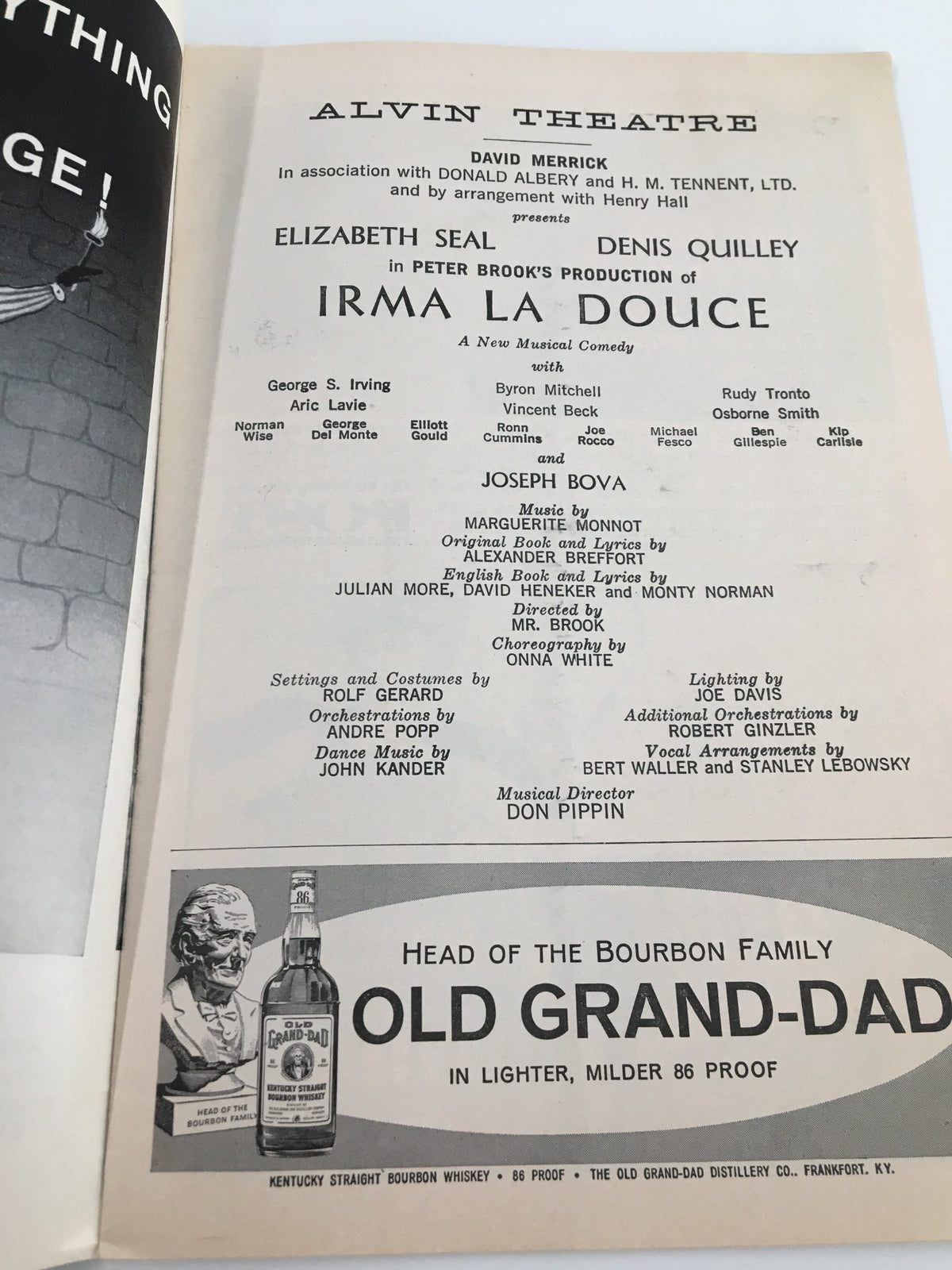 Another interior page of the 1961 Playbill for Irma La Douce, showcasing the cast and production details at the Alvin Theatre.