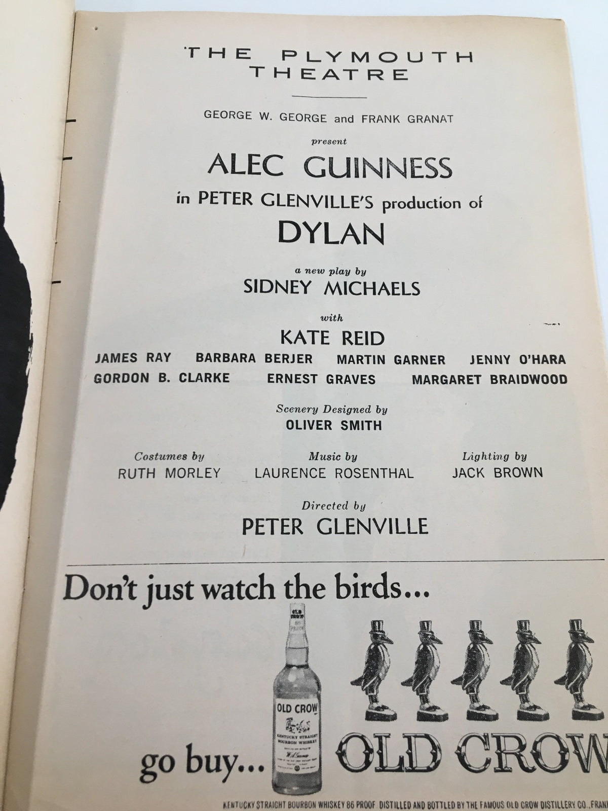 Another internal page of the 1964 Playbill from The Plymouth Theatre, featuring the cast and production details for Dylan, including Kate Reid and James Ray.