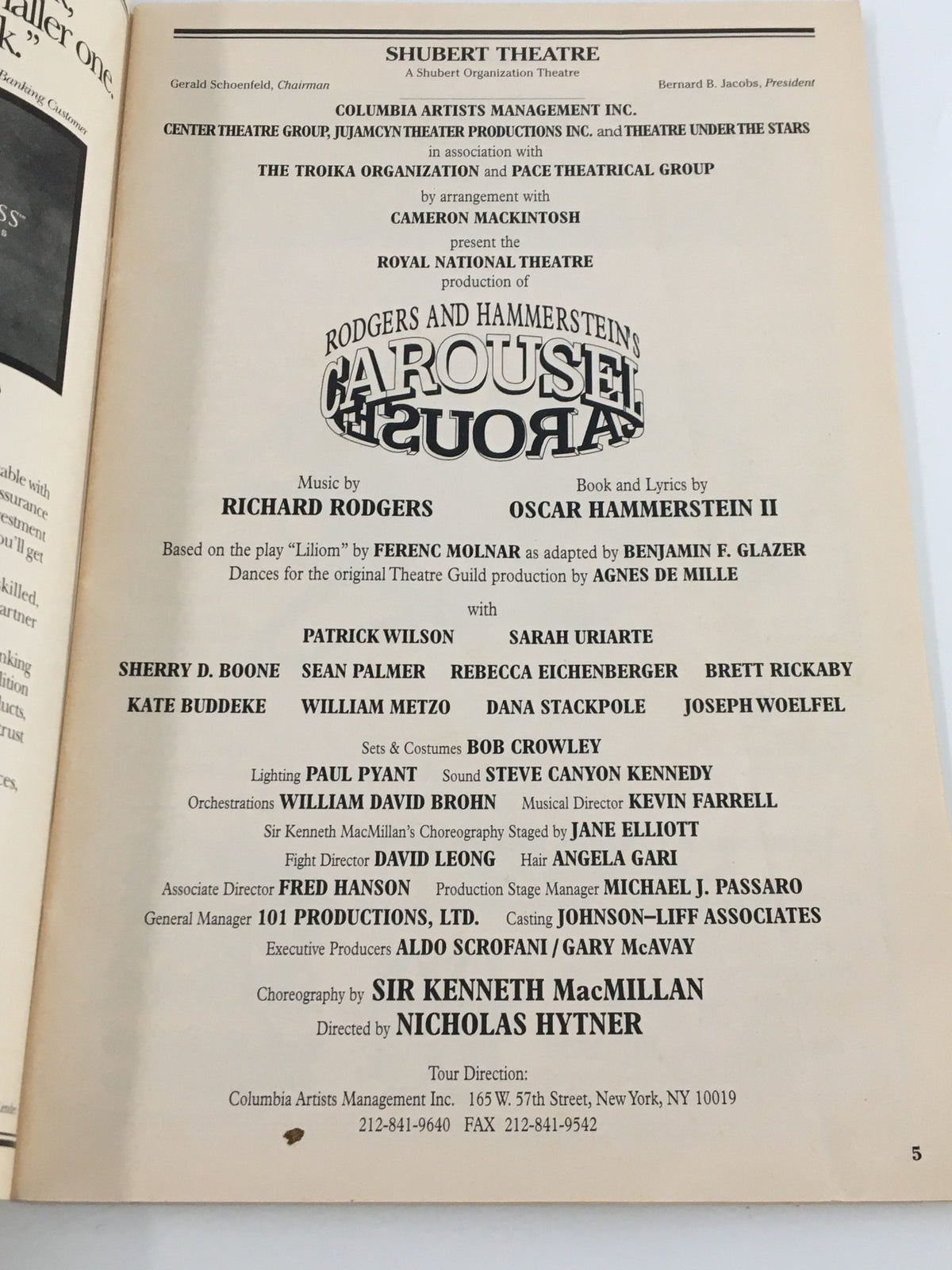 1996 Playbill Shubert Theatre Rodgers and Hammerstein's Carousel, showcasing the page dedicating the musical to Richard Rodgers and Oscar Hammerstein II.