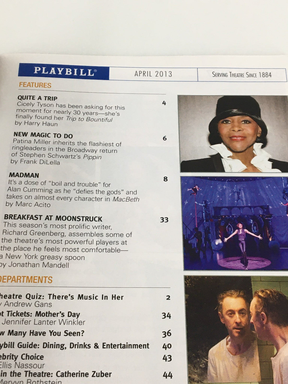Playbill features section from April 2013, including a highlight on Cicely Tyson and her performance in Trip to Bountiful.
