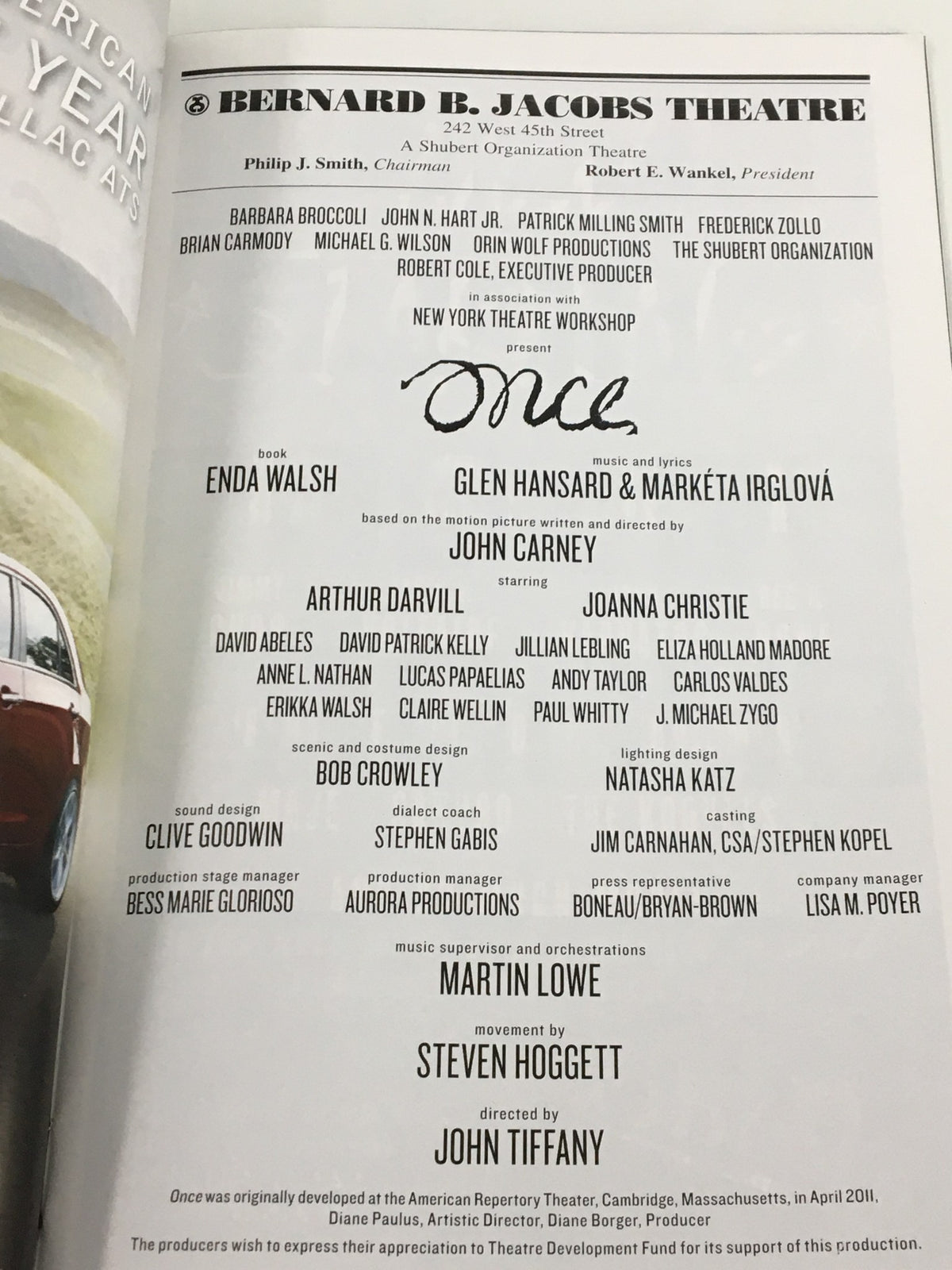 Details page from the Playbill of Once at Bernard B. Jacobs Theatre, including cast and creative team information.