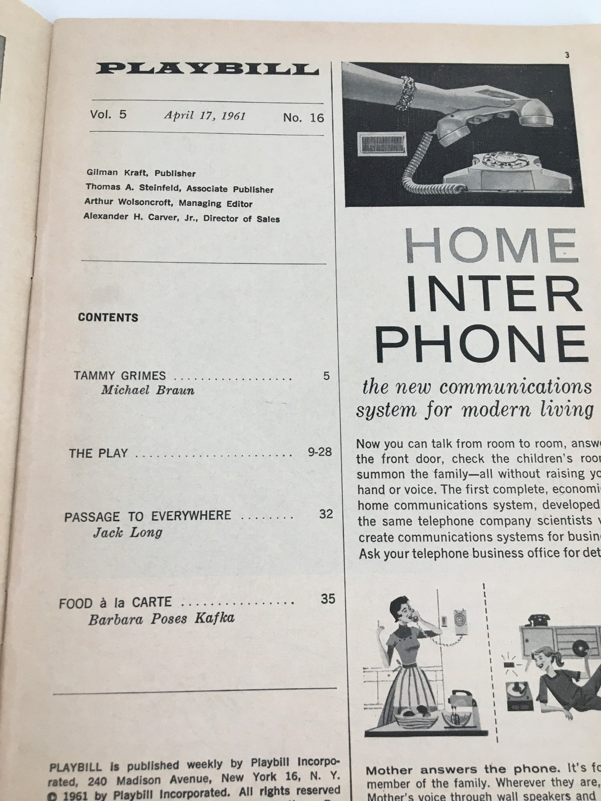 Interior page of the 1961 Playbill The Happiest Girl in the World with contents listing and publisher information.