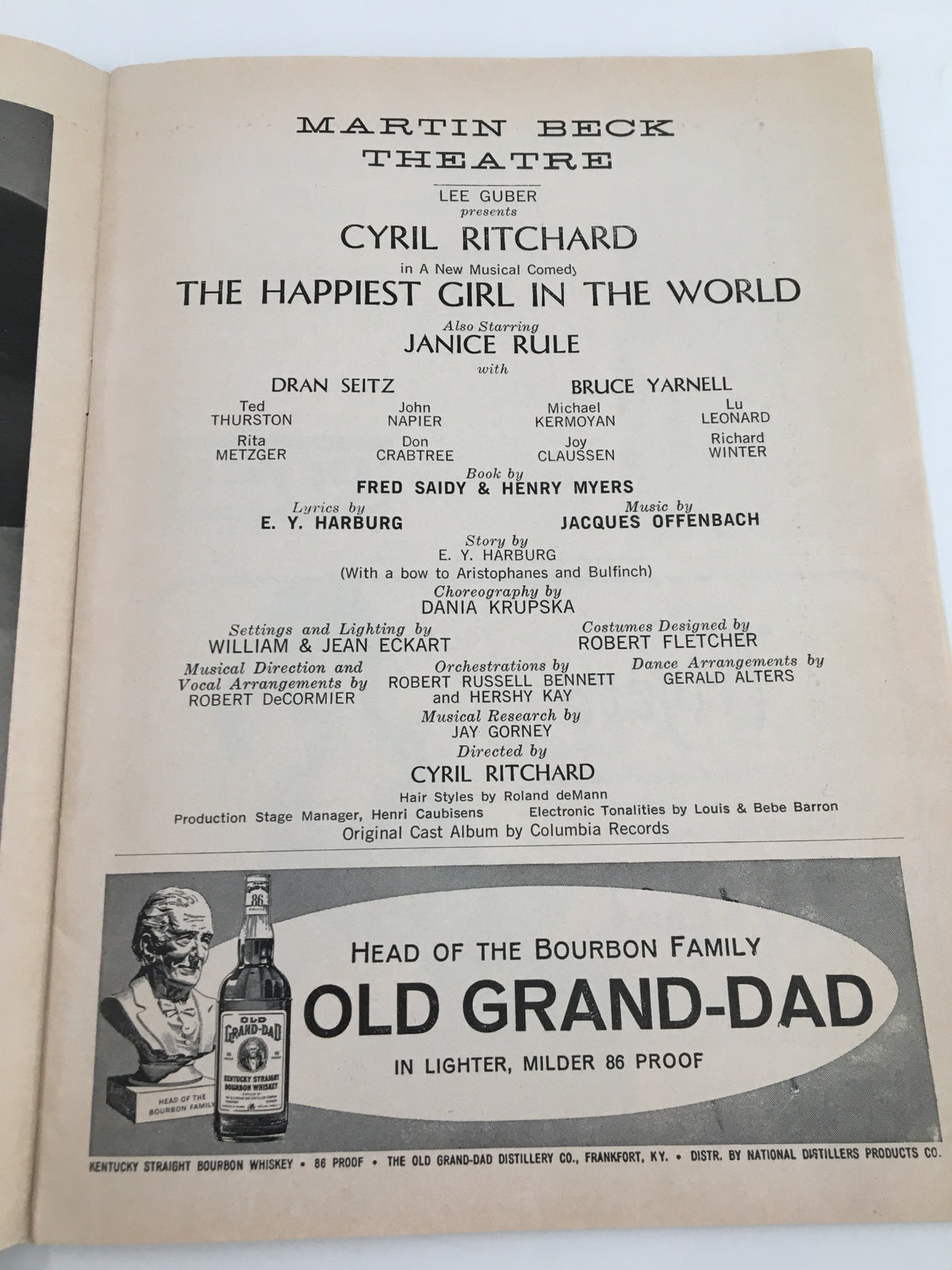 Cast and production details page from the 1961 Playbill for The Happiest Girl in the World, featuring Cyril Ritchard at the Martin Beck Theatre.