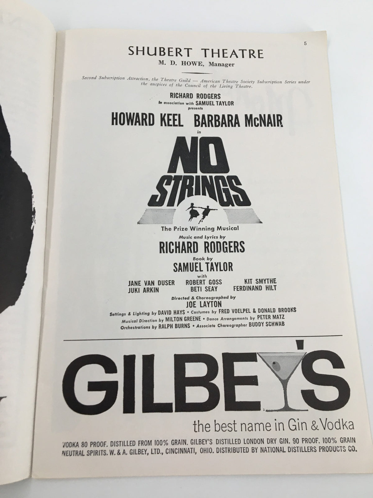 Another inside page of the 1963 Playbill showcasing Howard Keel and Barbara McNair in No Strings, detailing the production team and musical credits.