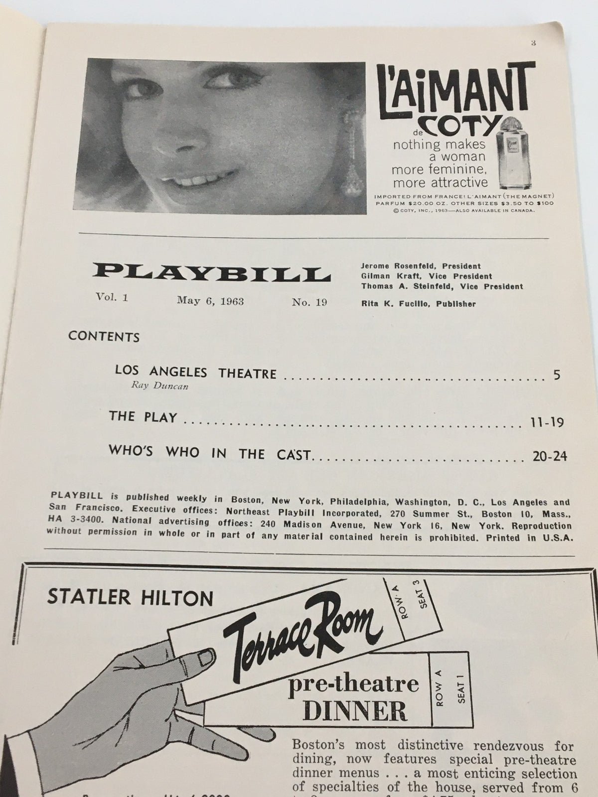 Inside page of the 1963 Playbill from the Shubert Theatre, showcasing contents and advertisements, including a feature on the captivating musical 'Carnival'.