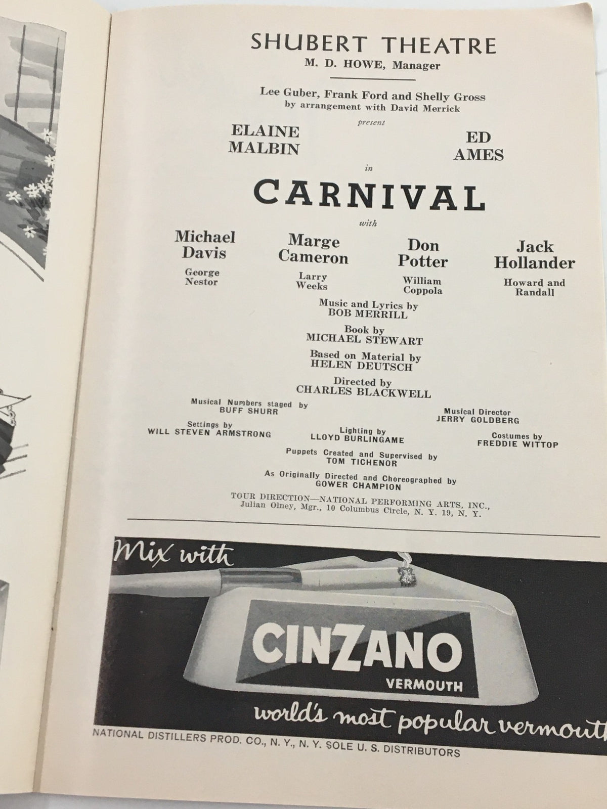1963 Playbill from the Shubert Theatre featuring Elaine Malbin and Ed Ames in the musical Carnival, showcasing cast members and production details.