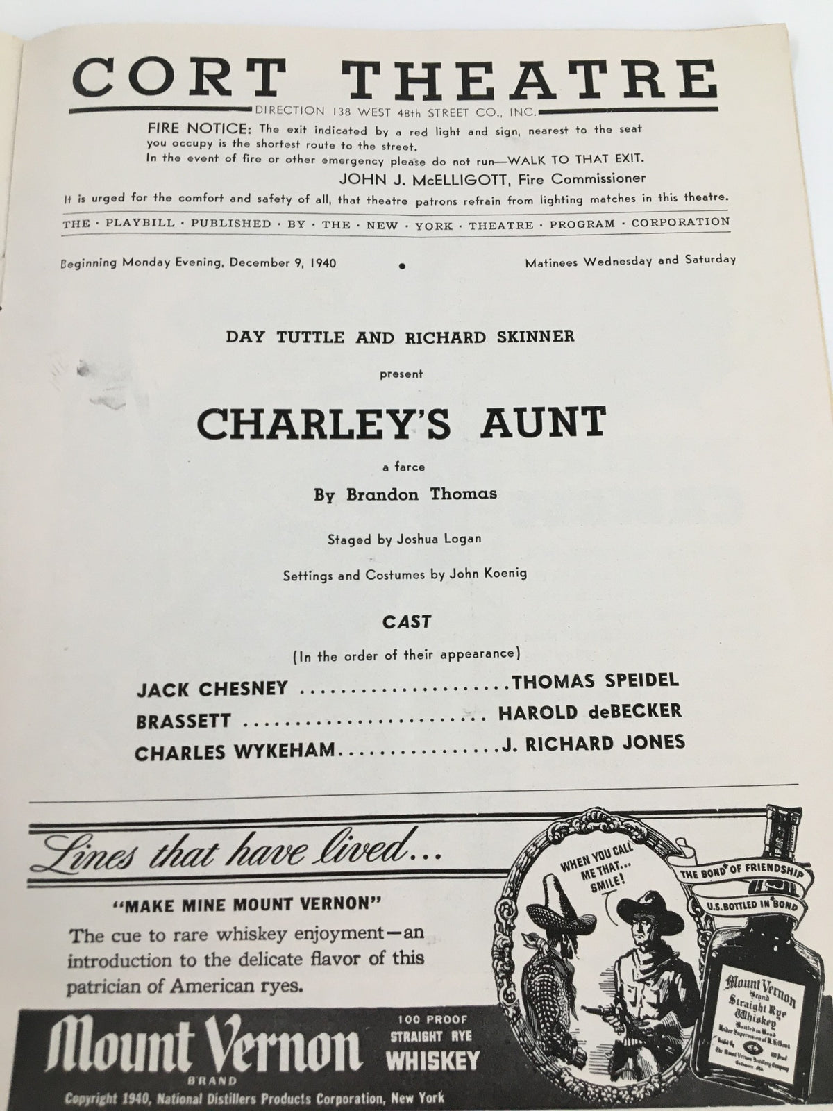 Interior page of the 1940 Playbill Cort Theatre, listing cast and theatrical details for Charley's Aunt.