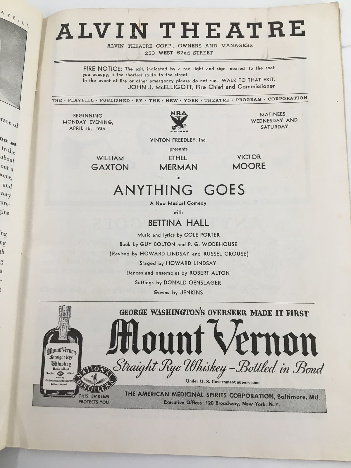Interior page of the 1935 Playbill from Alvin Theatre, presenting cast details for Anything Goes starring Ethel Merman and William Gaxton, along with promotional content.
