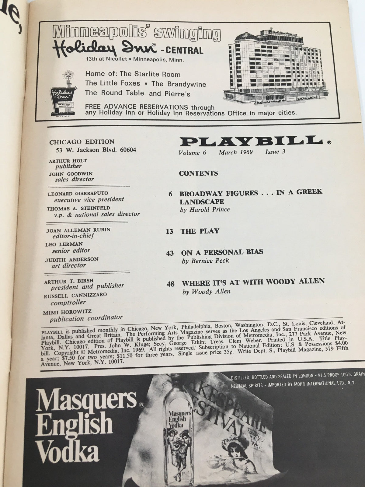 Inside page of the 1969 Playbill from the Studebaker Theatre featuring contents and advertisements related to the Stratford Festival of Canada.