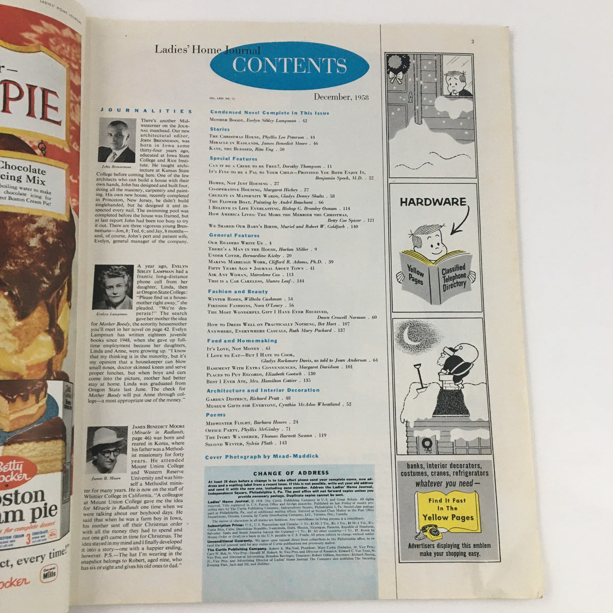 Contents page of Ladies' Home Journal Magazine December 1958, detailing articles and features, including 'The Cruelty in Maternity Wards' and showcasing advertisements and various sections of the magazine.