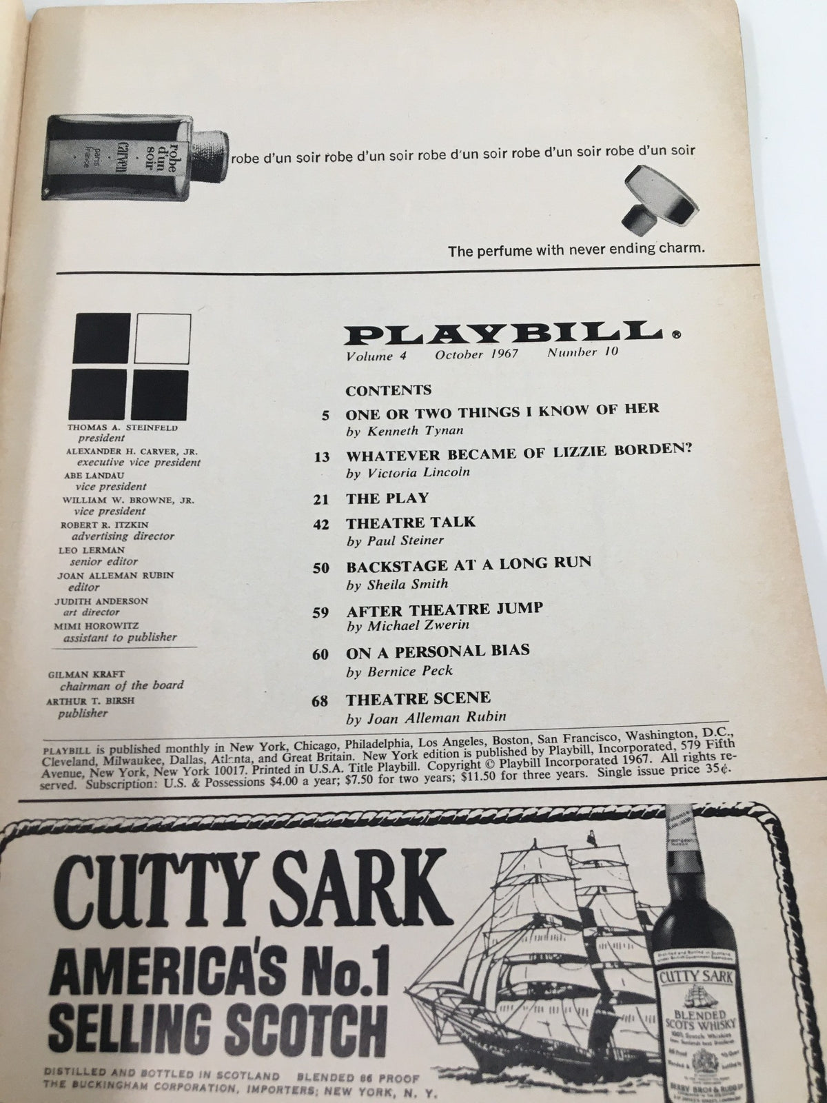 Contents page of the 1967 Playbill - Don't Drink The Water, listing various articles and features.