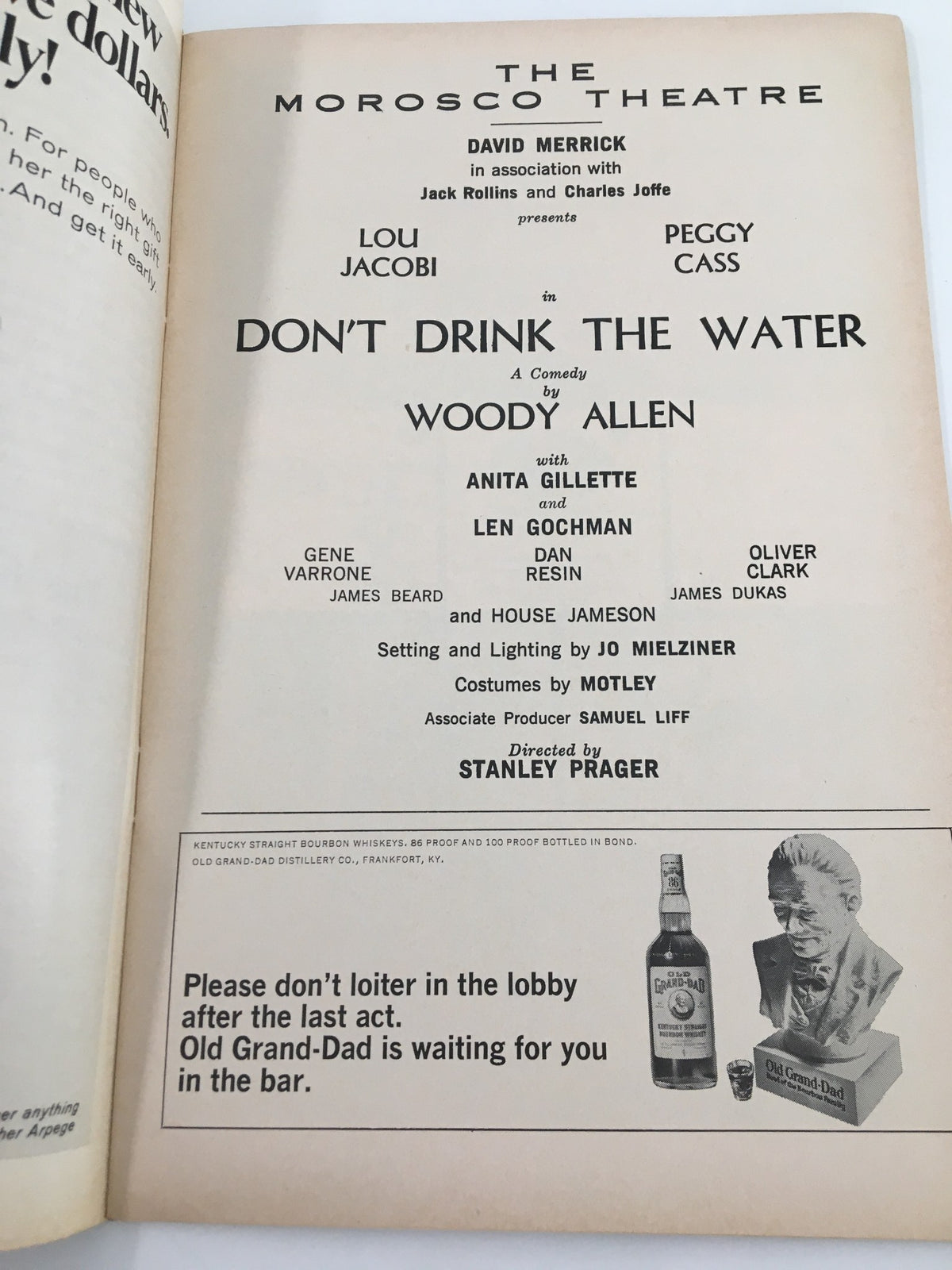 The cast page of the 1967 Playbill for Don't Drink The Water, featuring Lou Jacobi and Peggy Cass.