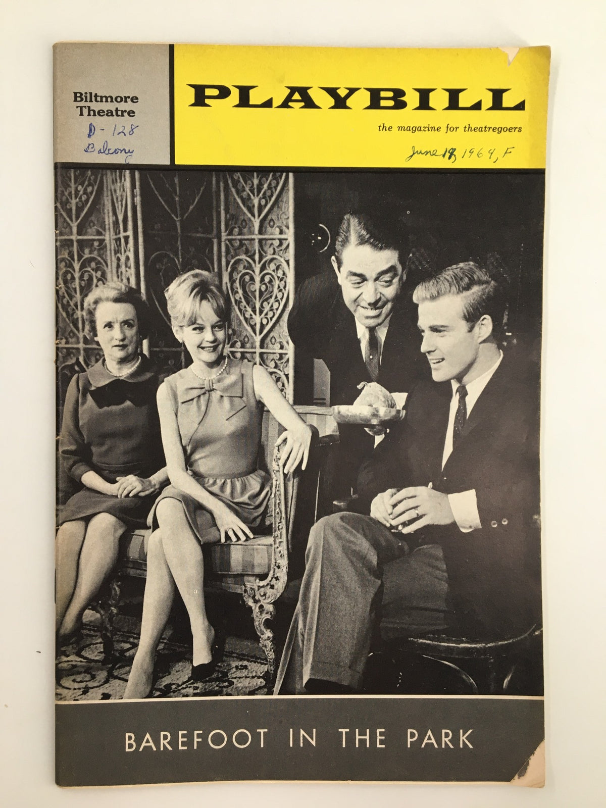 1964 Playbill from Biltmore Theatre featuring Robert Redford in Barefoot in the Park, showcasing the cast and background setting.