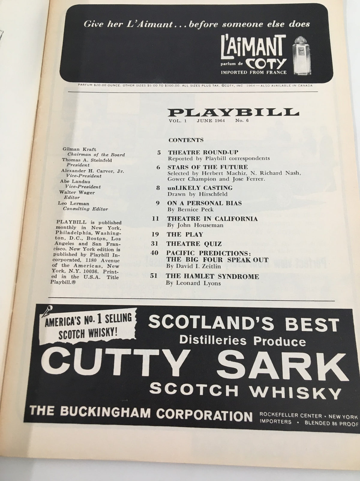 Inside page of the 1964 Playbill for Biltmore Theatre, highlighting contents, including Robert Redford's Barefoot in the Park.
