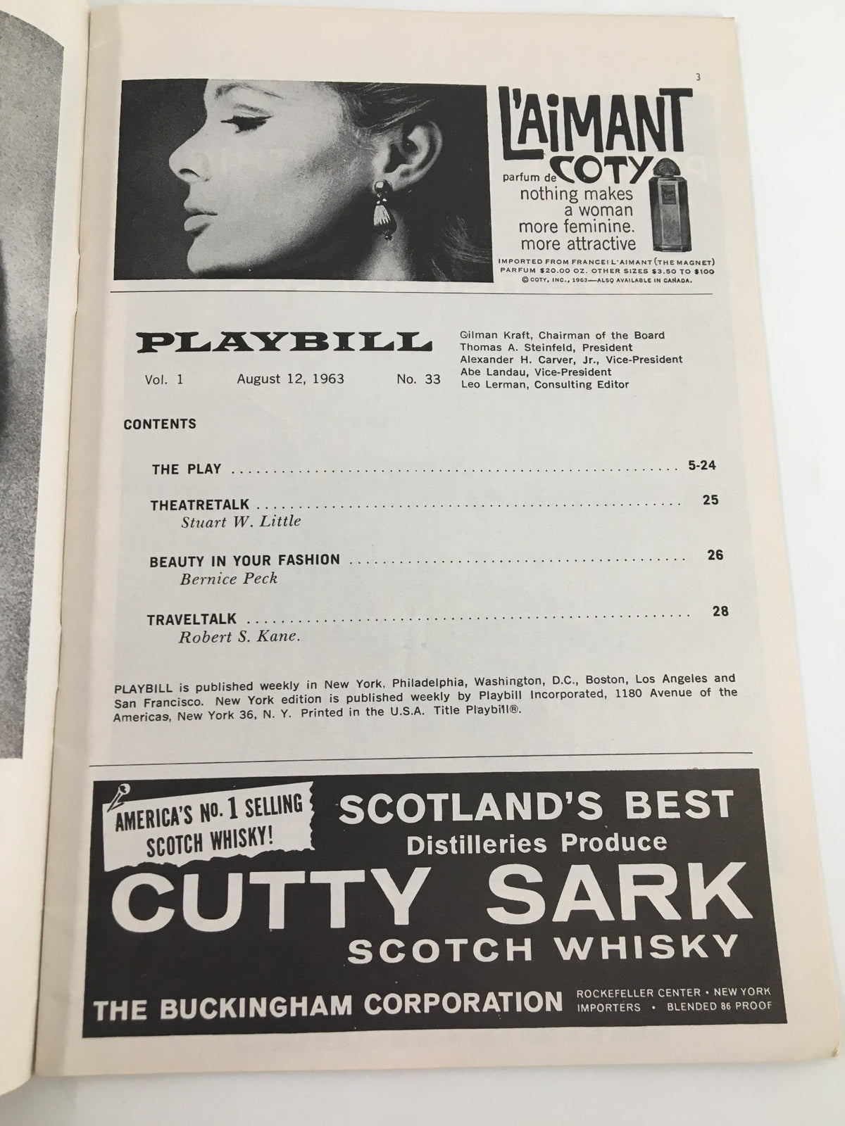 Interior page of the 1963 Playbill with content list and advertisements, highlighting the cultural significance of Broadway and featuring the August 12, 1963 issue details.