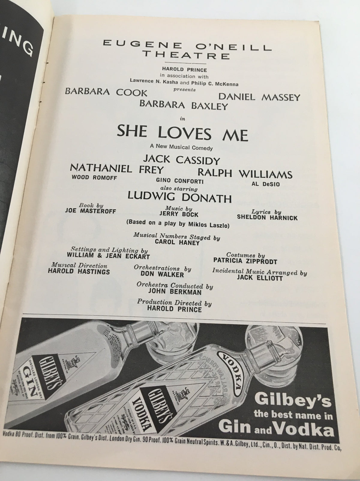 Interior page of the 1963 Playbill for 'She Loves Me' at the Eugene O'Neill Theatre featuring cast details including Barbara Cook and Daniel Massey, along with advertisements.