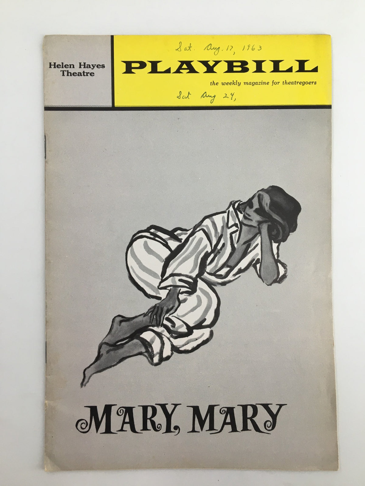 1963 Playbill from Helen Hayes Theatre featuring the play 'Mary, Mary' with artwork depicting a figure in a relaxed pose.