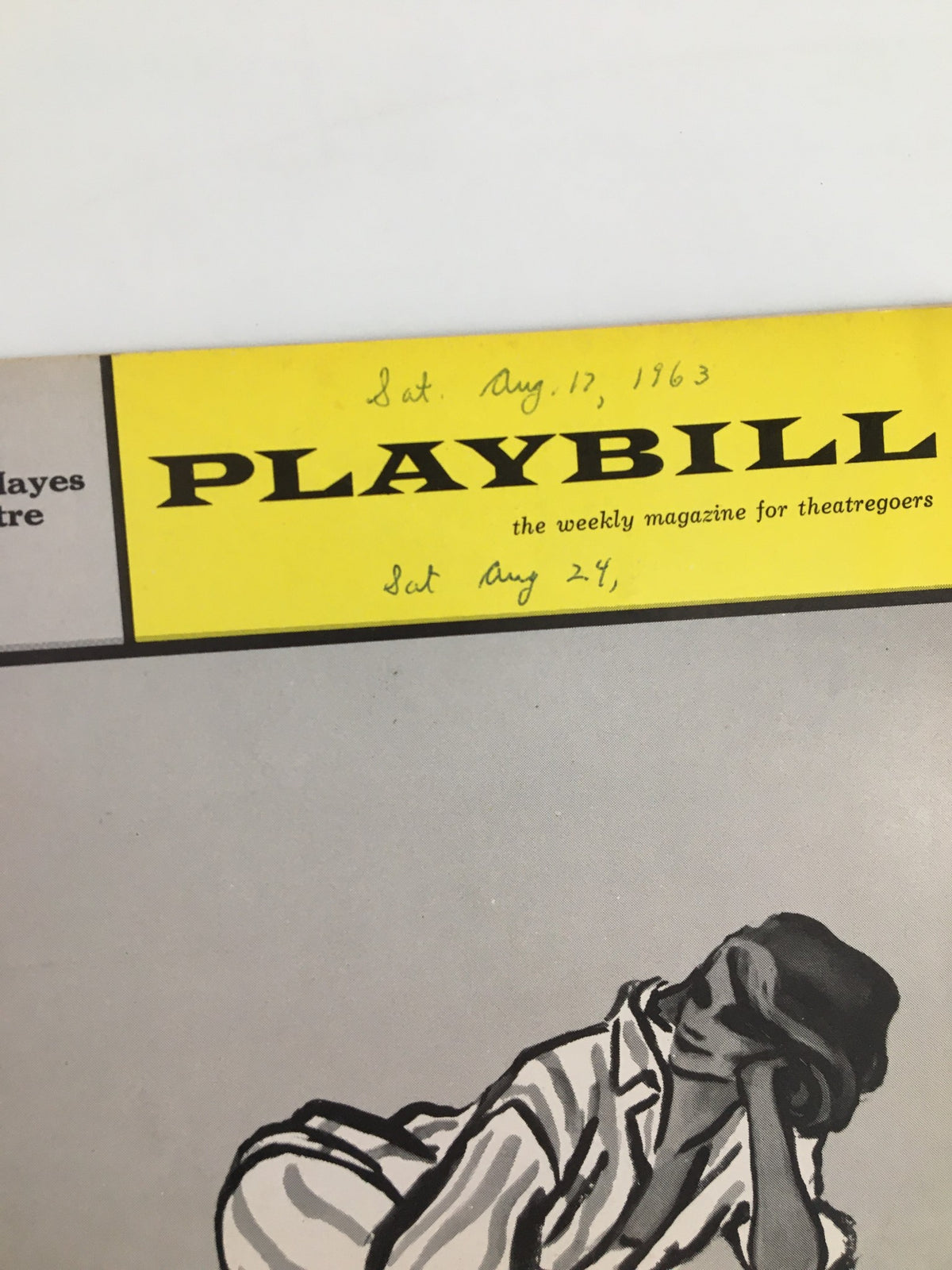 Close-up of the 1963 Playbill from Helen Hayes Theatre, highlighting handwritten dates and the title 'Mary, Mary'.