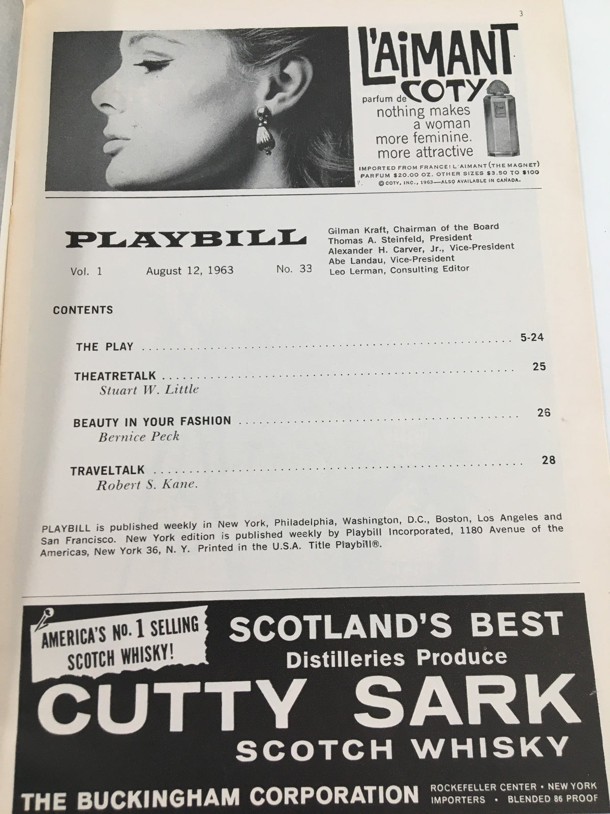 1963 Playbill from Helen Hayes Theatre showcasing the contents page including sections such as 'Theatre Talk', 'Beauty in Your Fashion', and 'Travel Talk.' Perfect for collectors and theater enthusiasts.