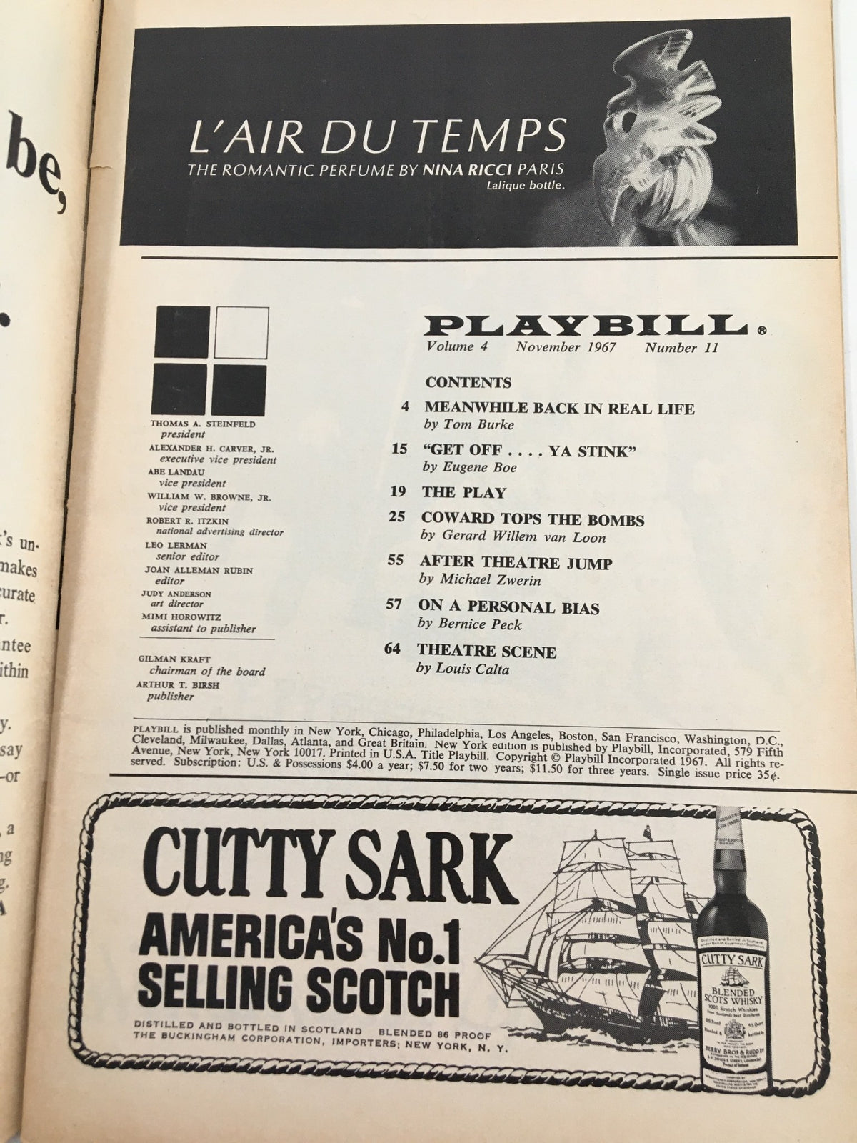 1967 Playbill from the Ambassador Theatre featuring content and advertisements including L'Air Du Temps perfume and a feature on Cutty Sark Scotch.