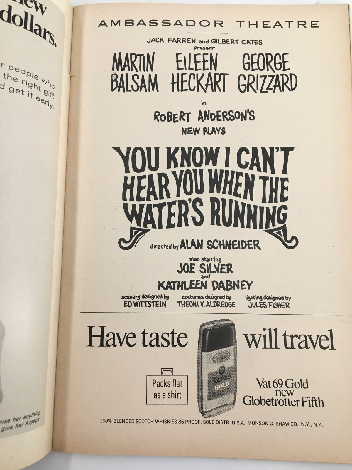1967 Playbill for the play 'You Know I Can't Hear You When The Water's Running' showcased at the Ambassador Theatre, featuring cast and production details.