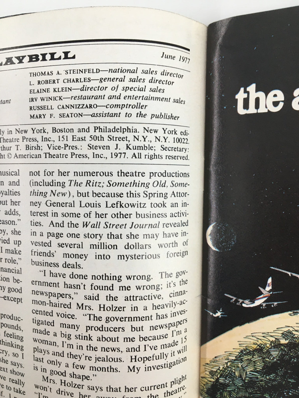 Inside view of the 1977 Playbill Martin Beck Theatre with casting details for Happy End, revealing production credits.