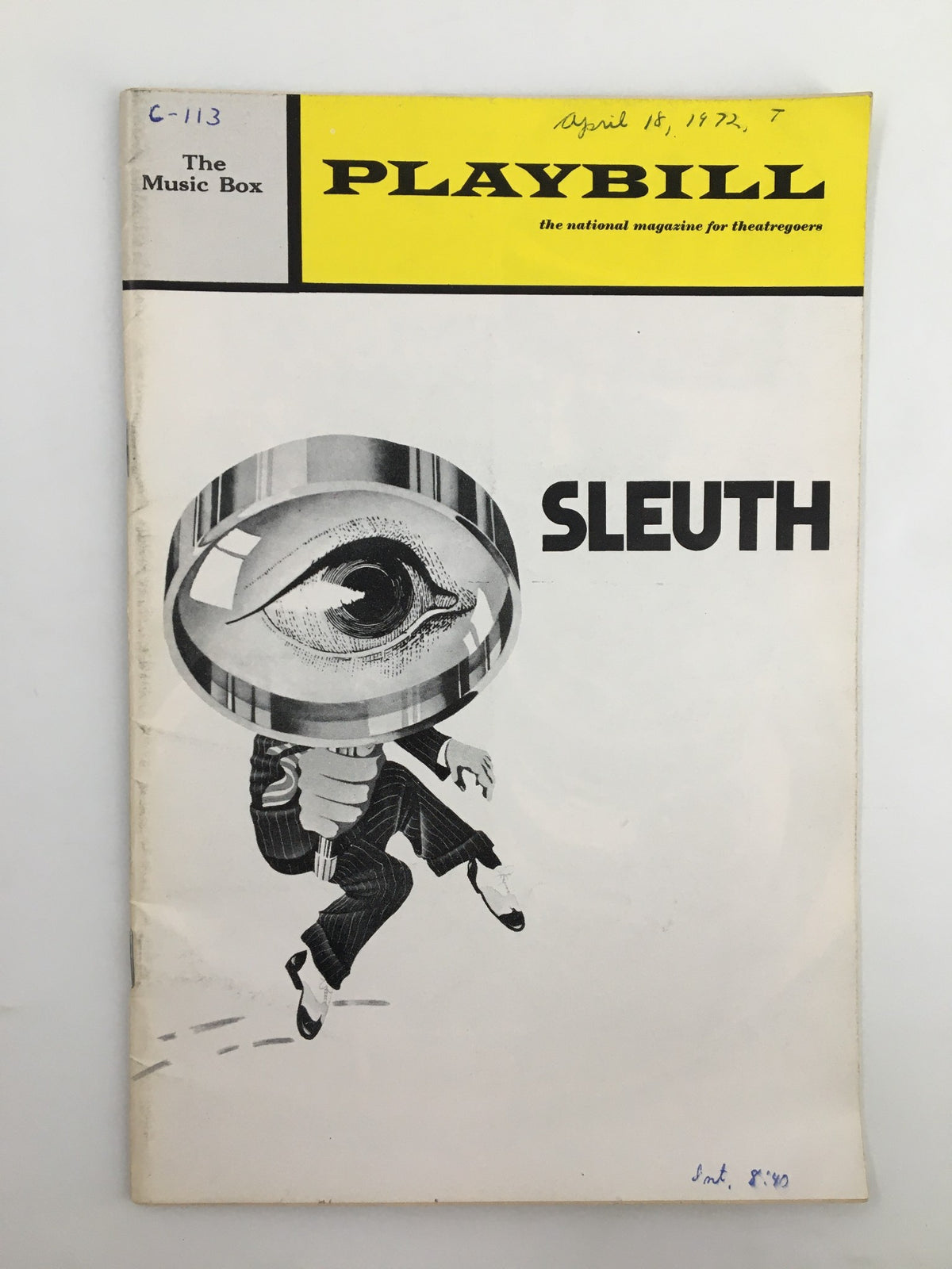 1972 Playbill The Music Box featuring the iconic cover art of Sleuth with a character holding a magnifying glass and an eye in the design.