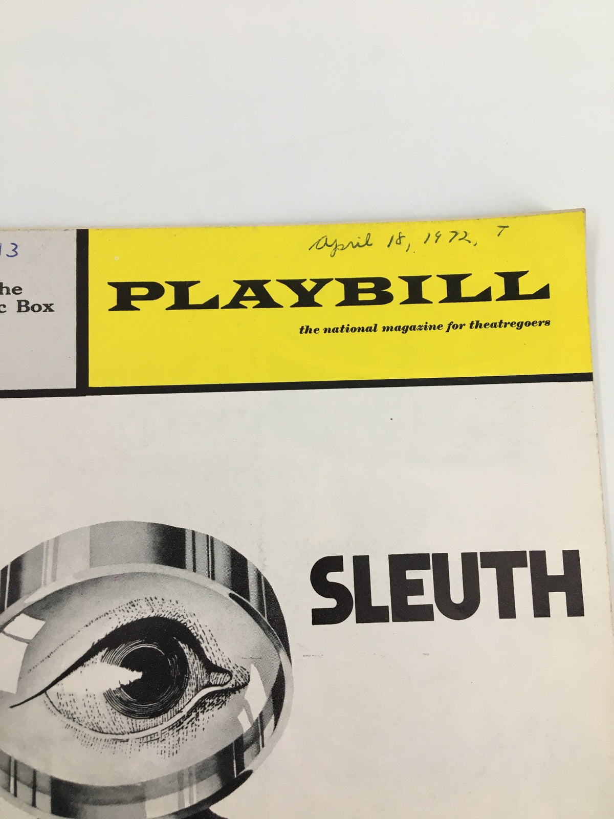 Close-up of the 1972 Playbill The Music Box covering for Sleuth, showing the title and handwritten date April 16, 1972.