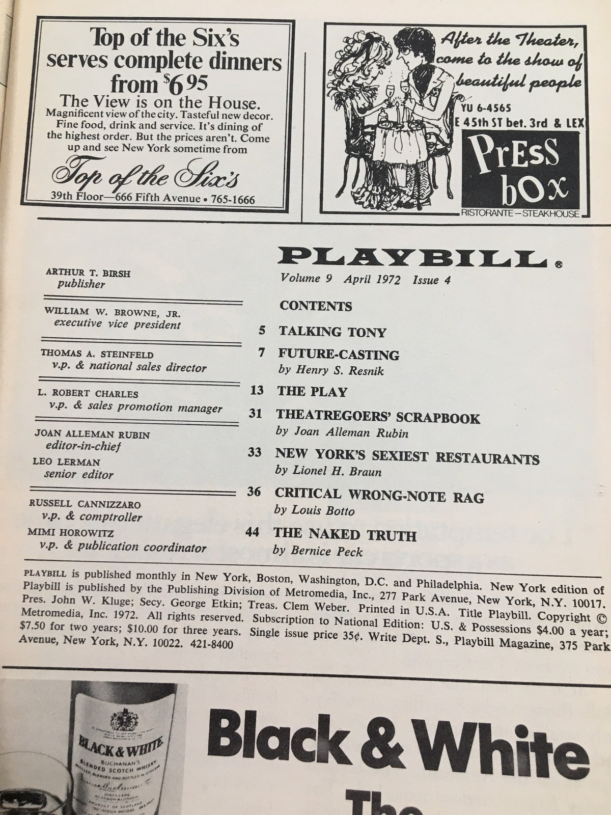Inside view of the 1972 Playbill The Music Box for Sleuth, detailing contents including Talking Tony and listing cast and crew for the production.