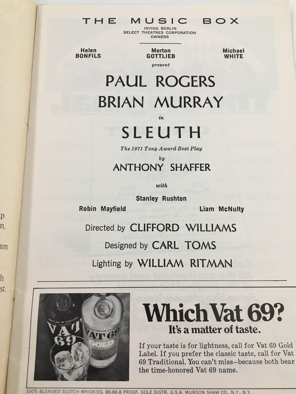 Another interior page of the 1972 Playbill The Music Box for Sleuth highlighting the performances of Paul Rogers and Brian Murray, along with production credits.