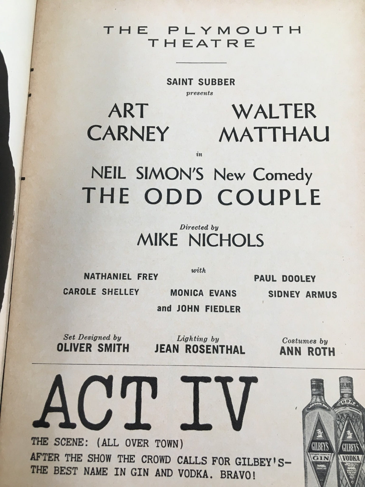 1965 Playbill page highlighting Art Carney and Walter Matthau in The Odd Couple, including director Mike Nichols and set designer Oliver Smith information.