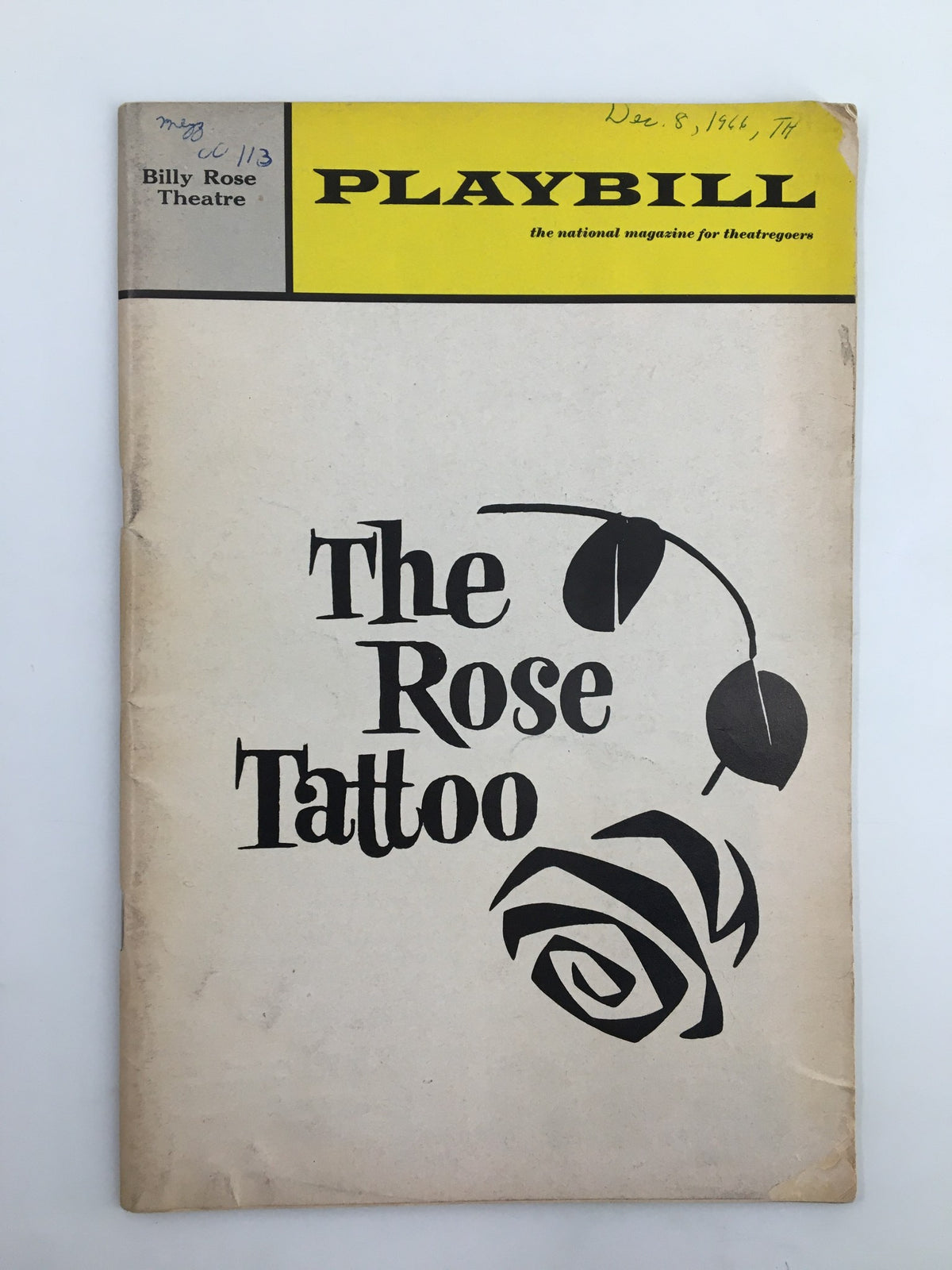 1966 Playbill from Billy Rose Theatre featuring Maureen Stapleton in The Rose Tattoo, showcasing the front cover design with a minimalist rose graphic.