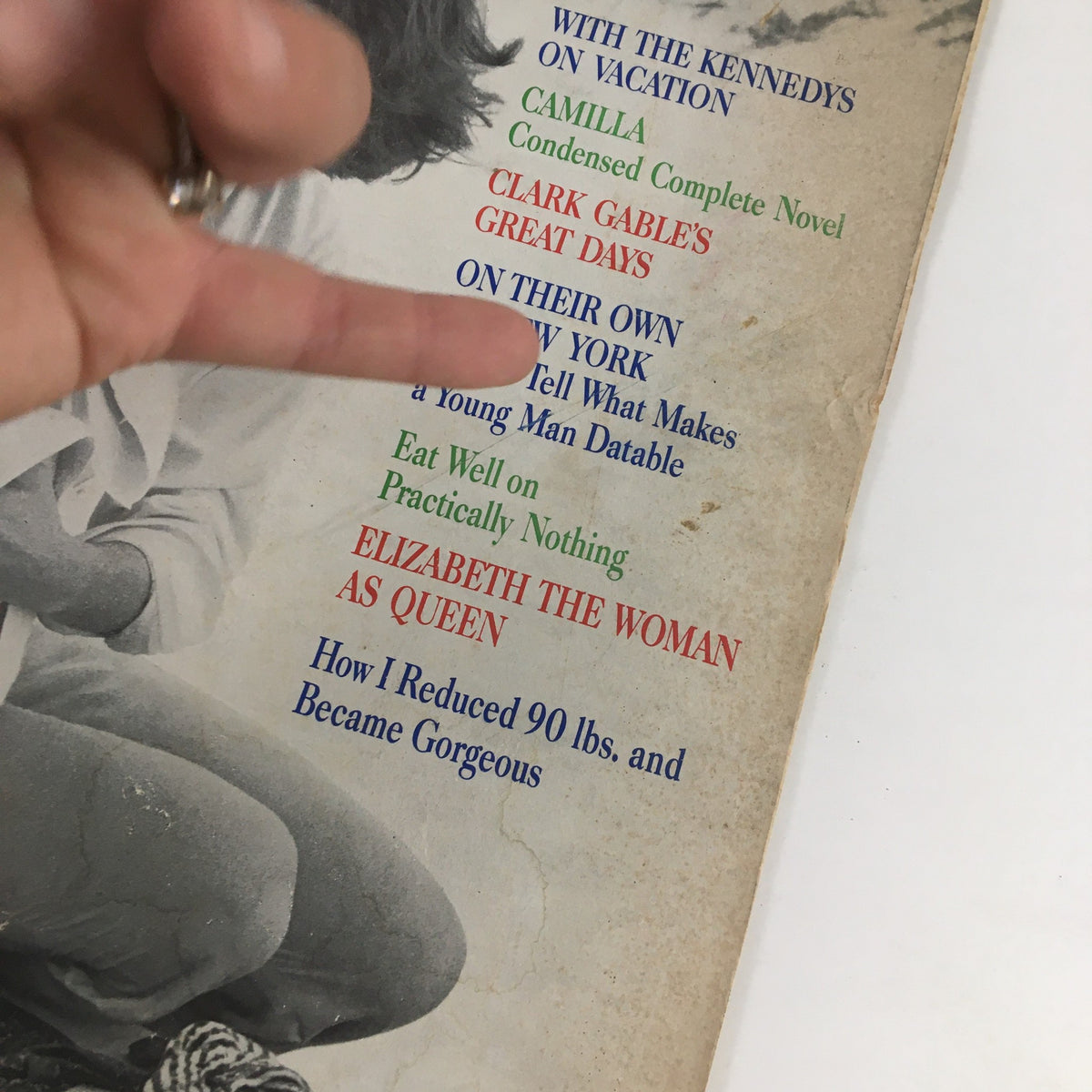 Close-up detail of the cover of Ladies' Home Journal Magazine August 1961, highlighting articles and features including Jackie Kennedy on vacation.
