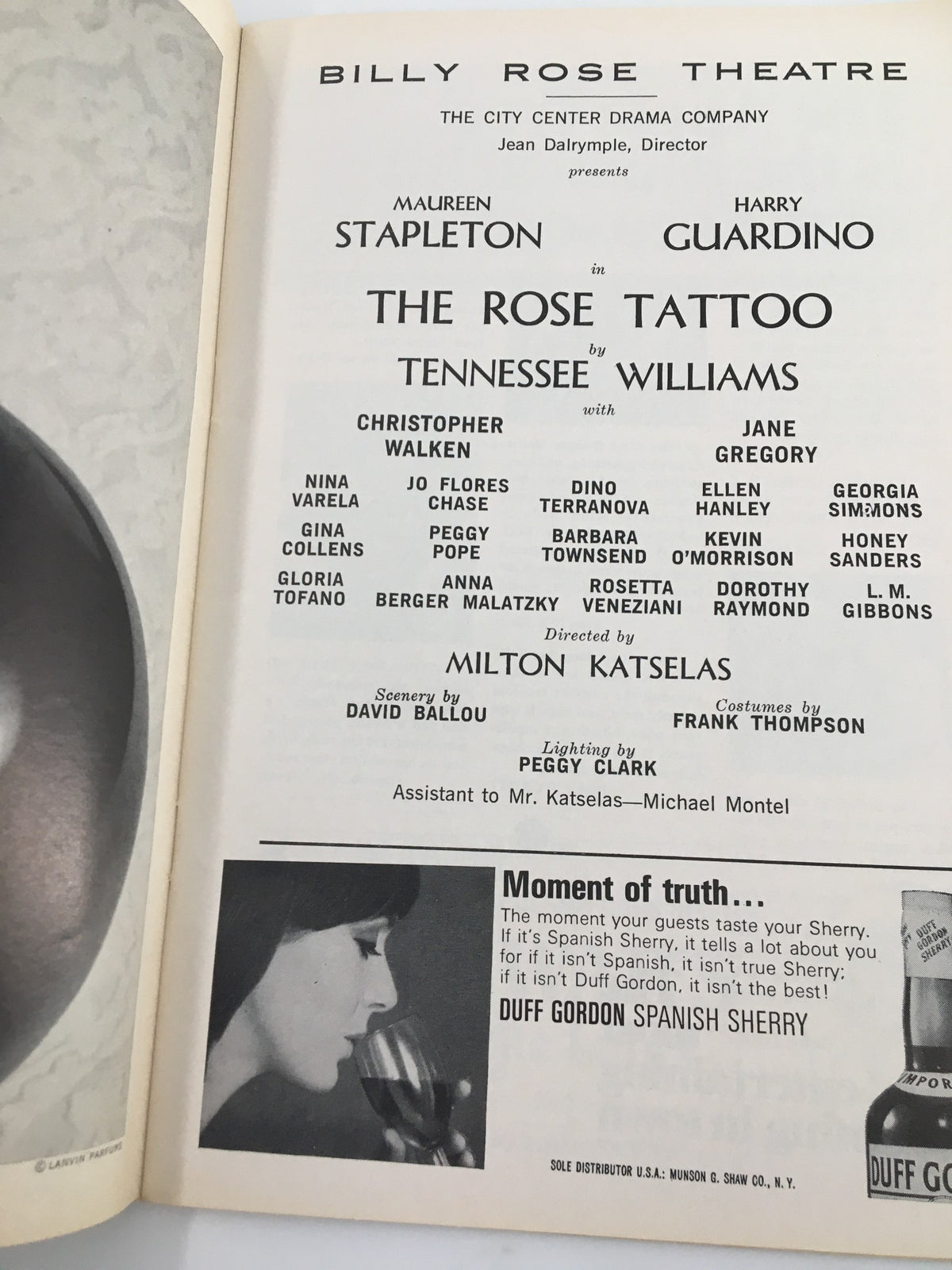 1966 Playbill for 'The Rose Tattoo' featuring Maureen Stapleton at the Billy Rose Theatre, showcasing cast details and production credits in a vintage theatrical layout.