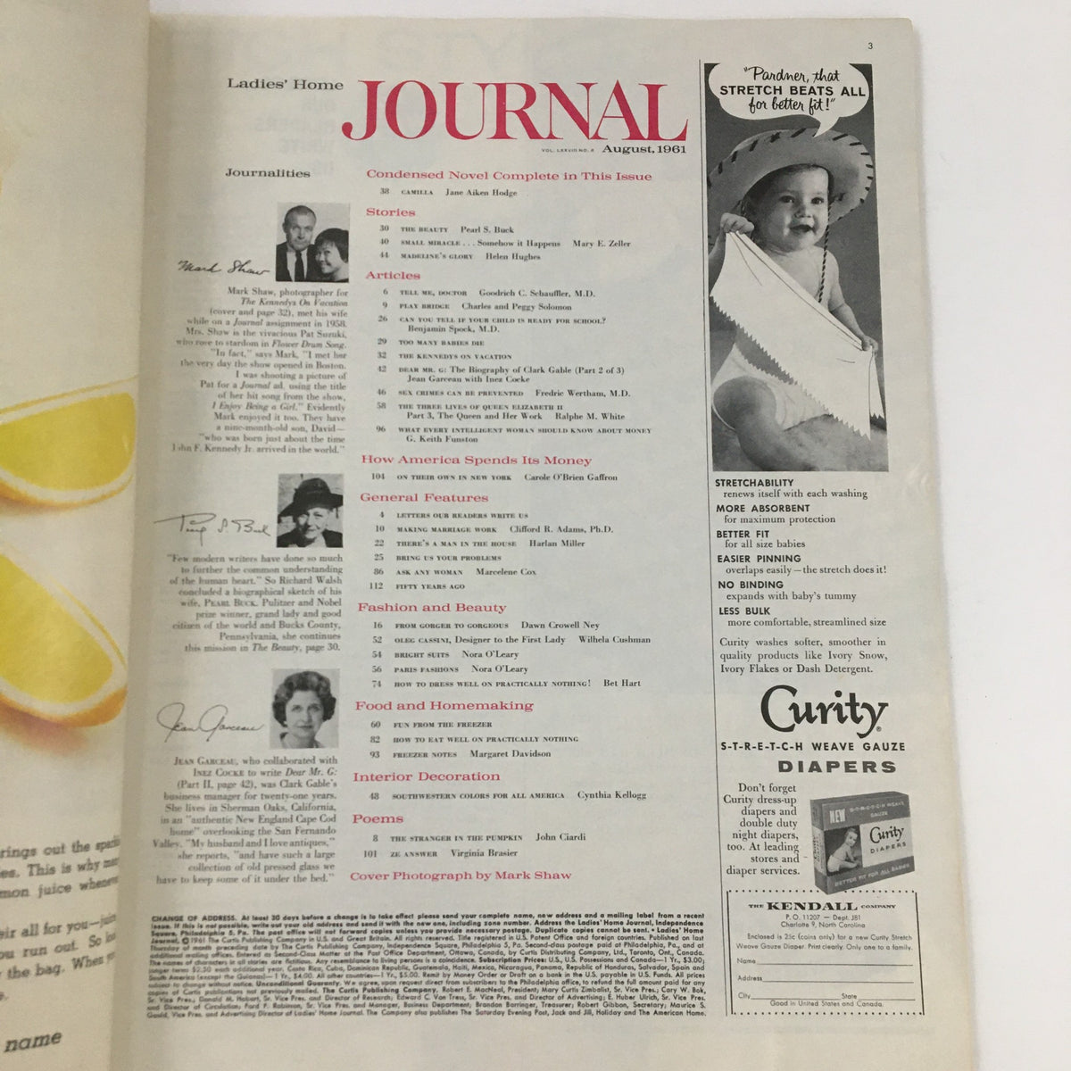 Interior page of Ladies' Home Journal Magazine August 1961 displaying the table of contents, featuring articles about lifestyle and culture from the 1960s.