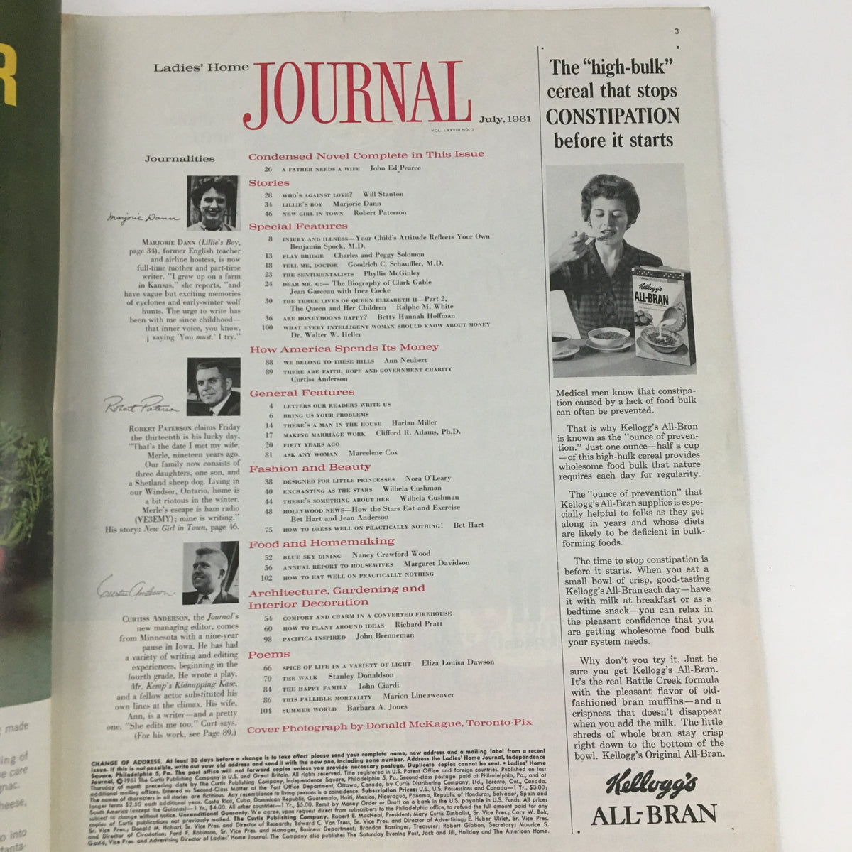Inside page of the Ladies' Home Journal Magazine from July 1961, displaying article listings and features relevant to women’s interests during the 1960s.