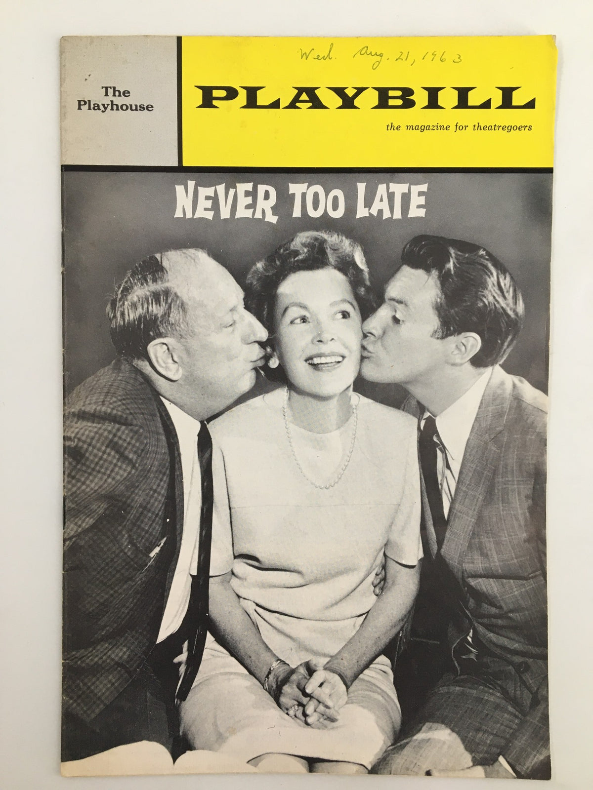 1963 Playbill The Playhouse featuring Paul Ford, Maureen O'Sullivan in Never Too Late, with actors having playful expressions