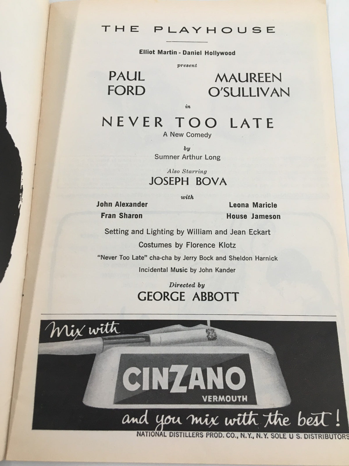 1963 Playbill for The Playhouse featuring Paul Ford and Maureen O'Sullivan in Never Too Late, showcasing the cast and production details including direction by George Abbott.