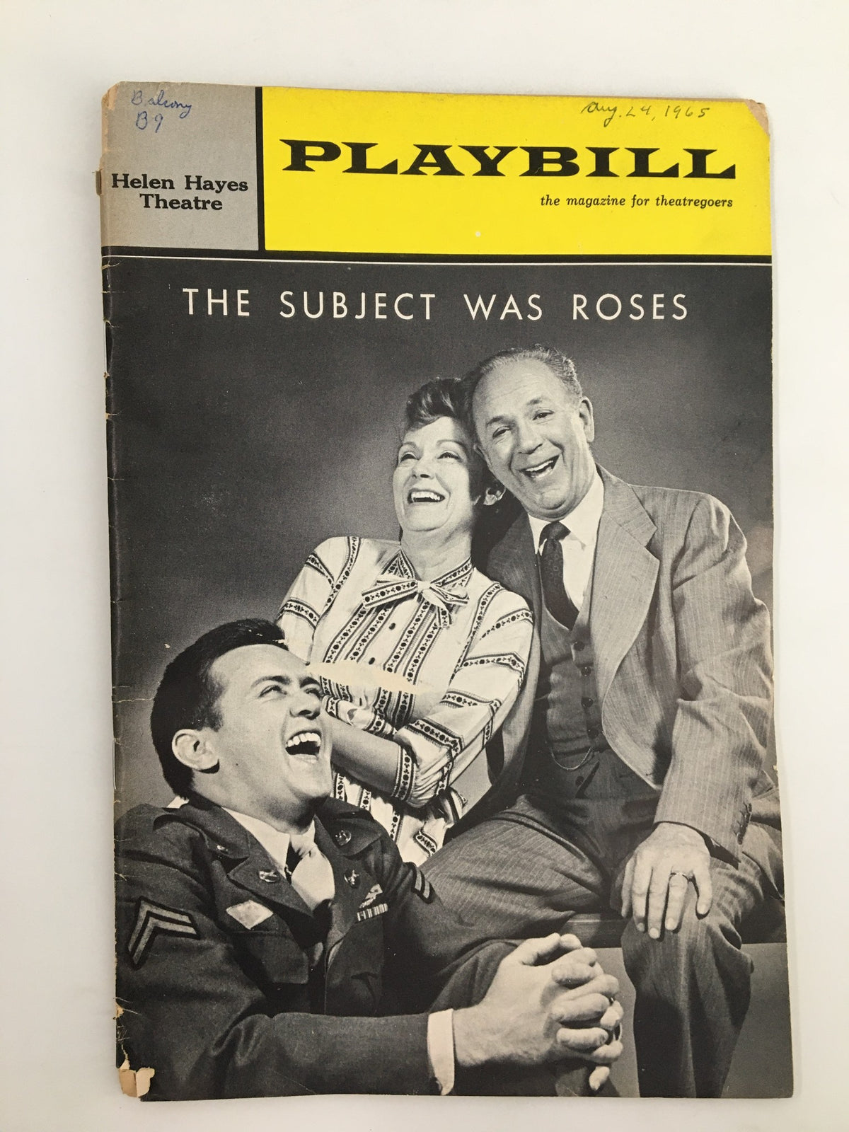 1965 Playbill featuring Jack Albertson in 'The Subject Was Roses' at the Helen Hayes Theatre, showcasing a memorable moment with three actors, emphasizing the charm of vintage theatre memorabilia.