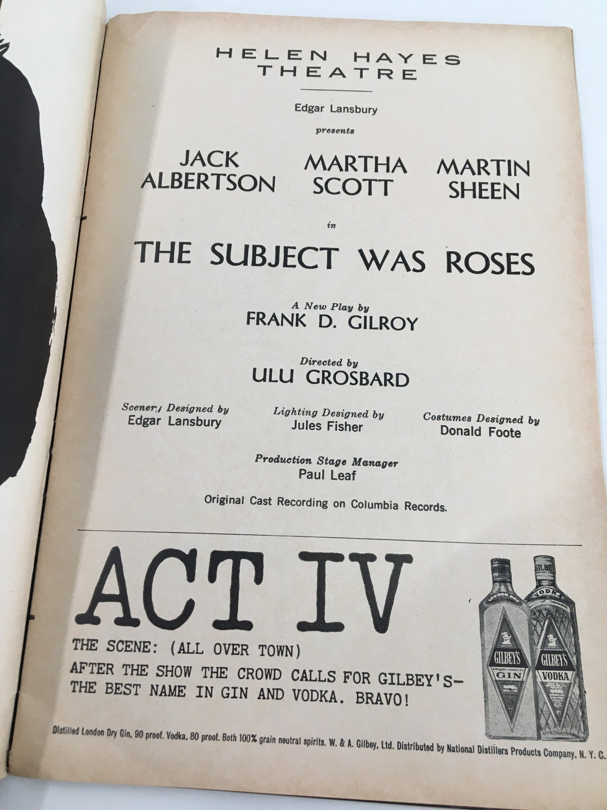 Another inside page of the 1965 Playbill from Helen Hayes Theatre, featuring cast information and production credits for The Subject Was Roses, capturing the essence of classic American theatre.