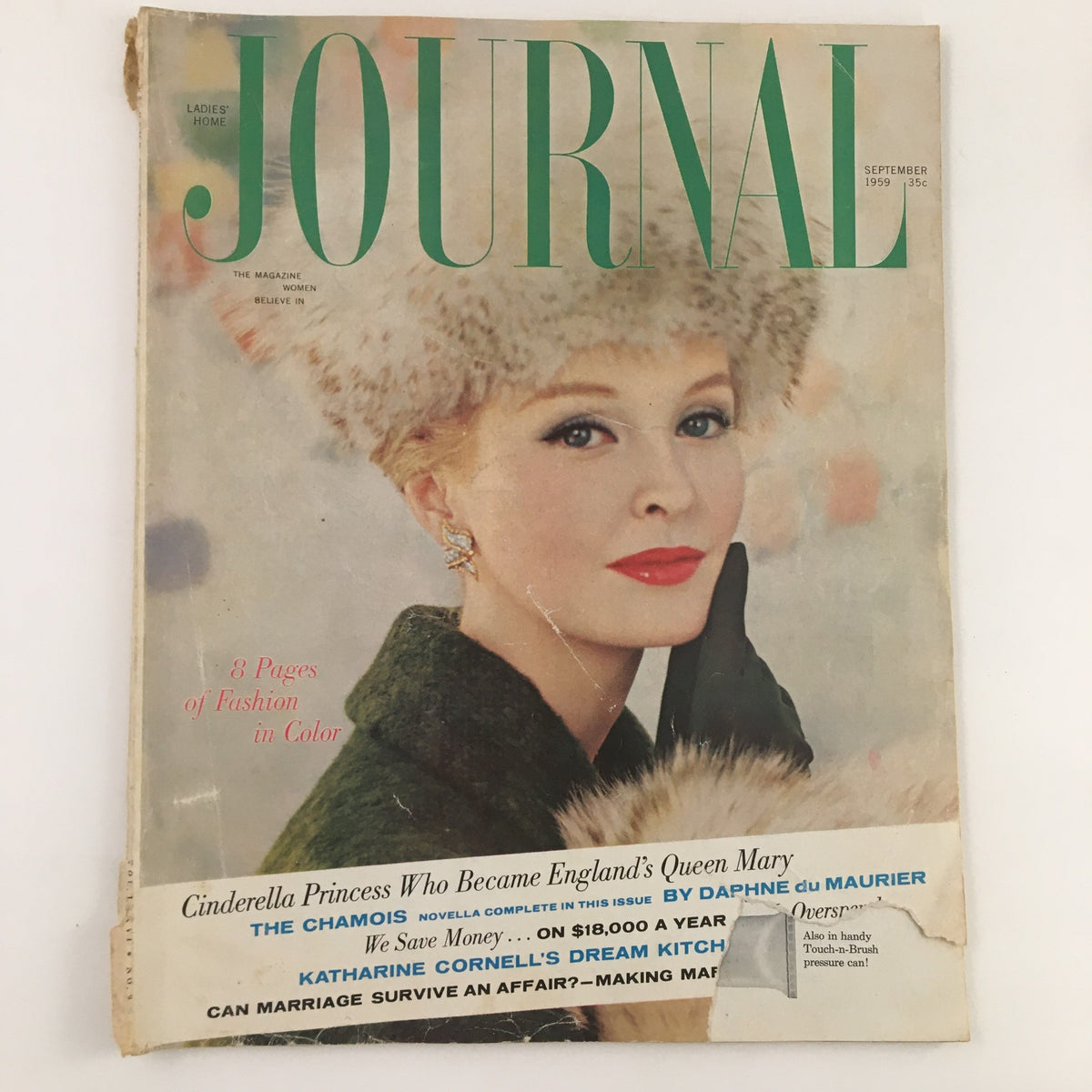 Cover of Ladies' Home Journal Magazine from September 1959 featuring the title 'Cinderella Who Became Queen Mary'. The magazine highlights fashion with an elegant model wearing a fur hat and glove, and includes various articles and novellas.